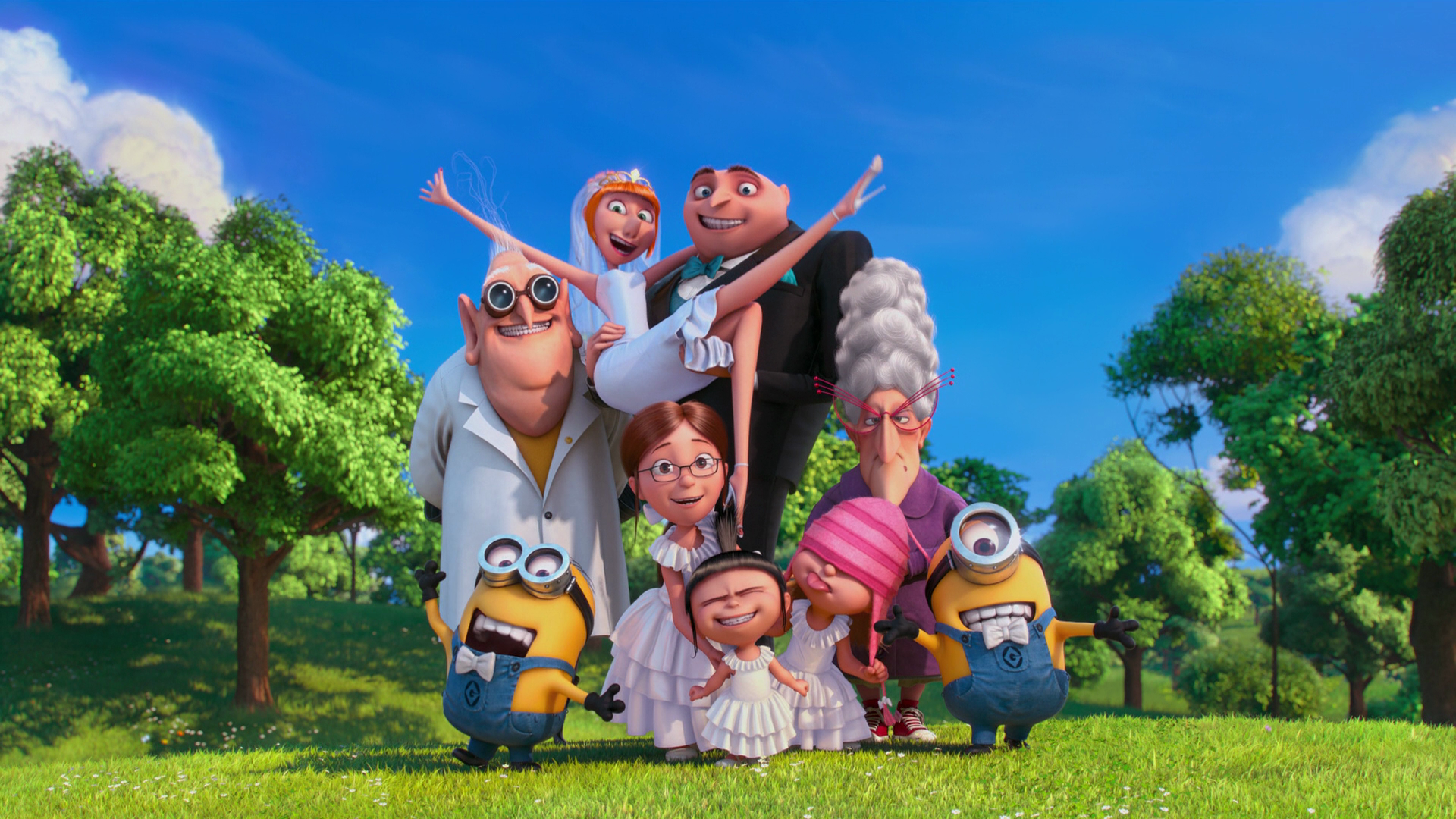 Gru and his family with minions in a park HD Wallpaper