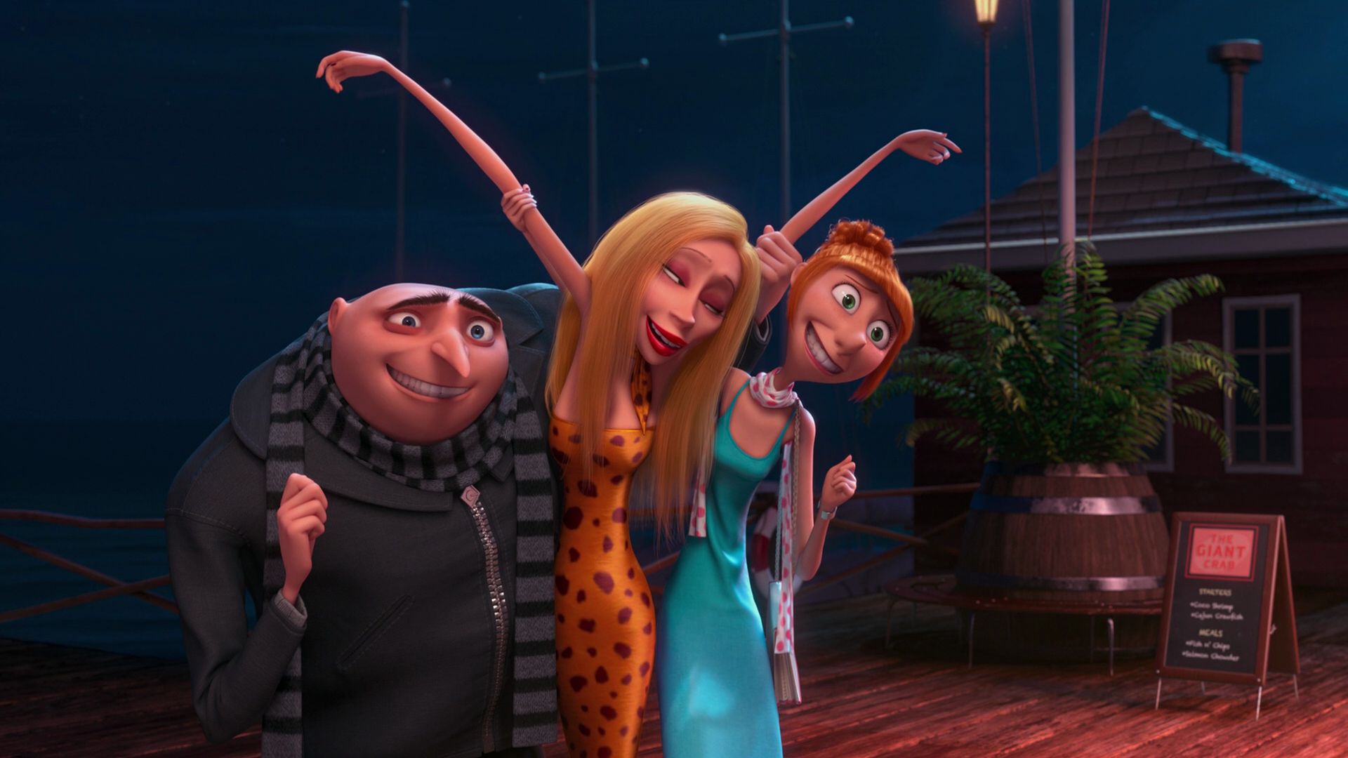 Gru and two women posing on a dock HD Wallpaper
