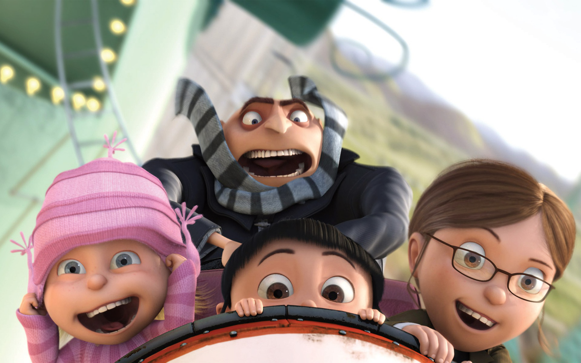 Gru and girls on a roller coaster HD Wallpaper