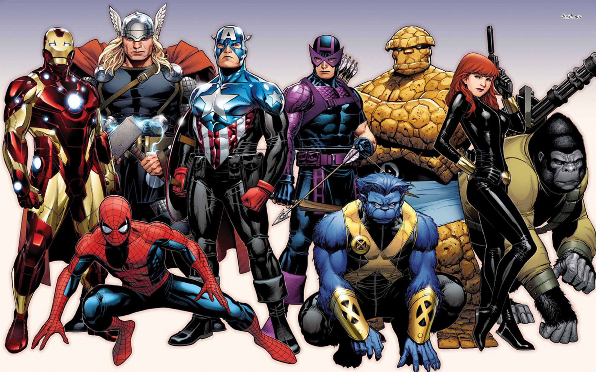 Avengers and X-Men characters including Iron Man, Thor, Captain America, Spider-Man, Hawkeye, Black Widow, Beast, The Thing, and Gorilla Grodd HD Wallpaper