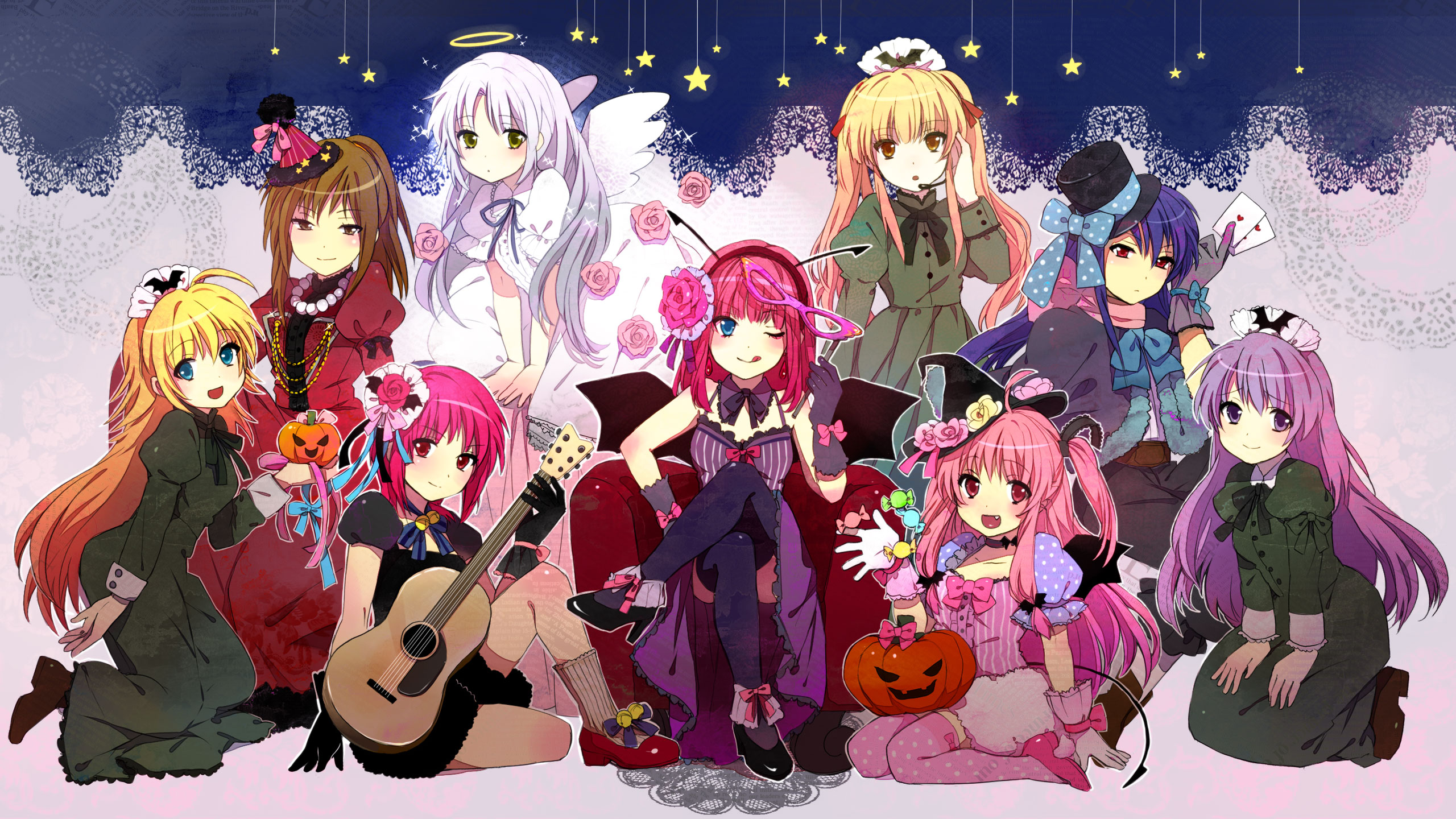 Anime girls in Halloween costumes HD Wallpaper
