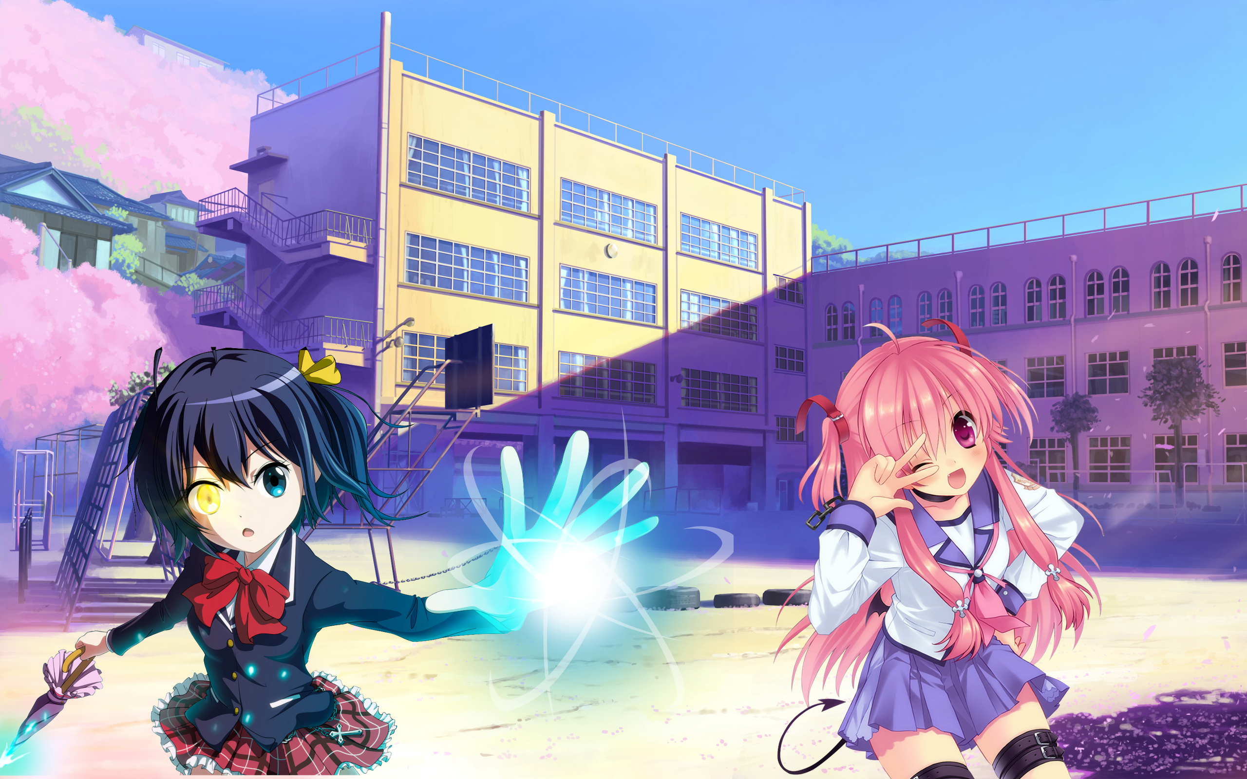 Yui from Angel Beats! and another anime girl in schoolyard HD Wallpaper