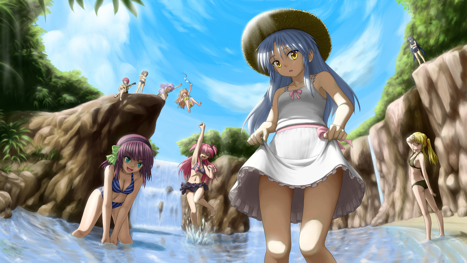Yui from Angel Beats! at a waterfall HD Wallpaper