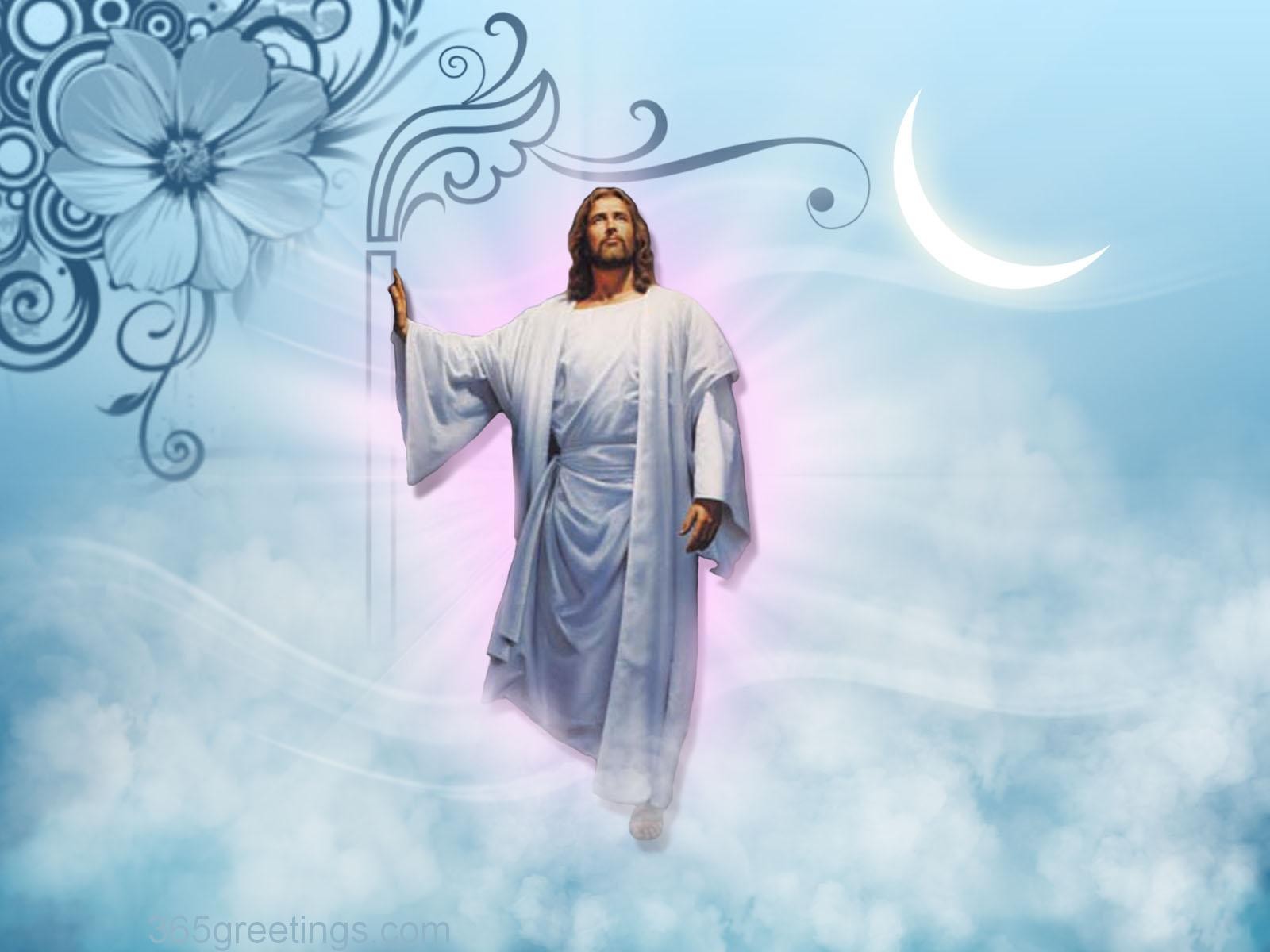 Jesus in a Heavenly Sky with Floral Design HD Wallpaper
