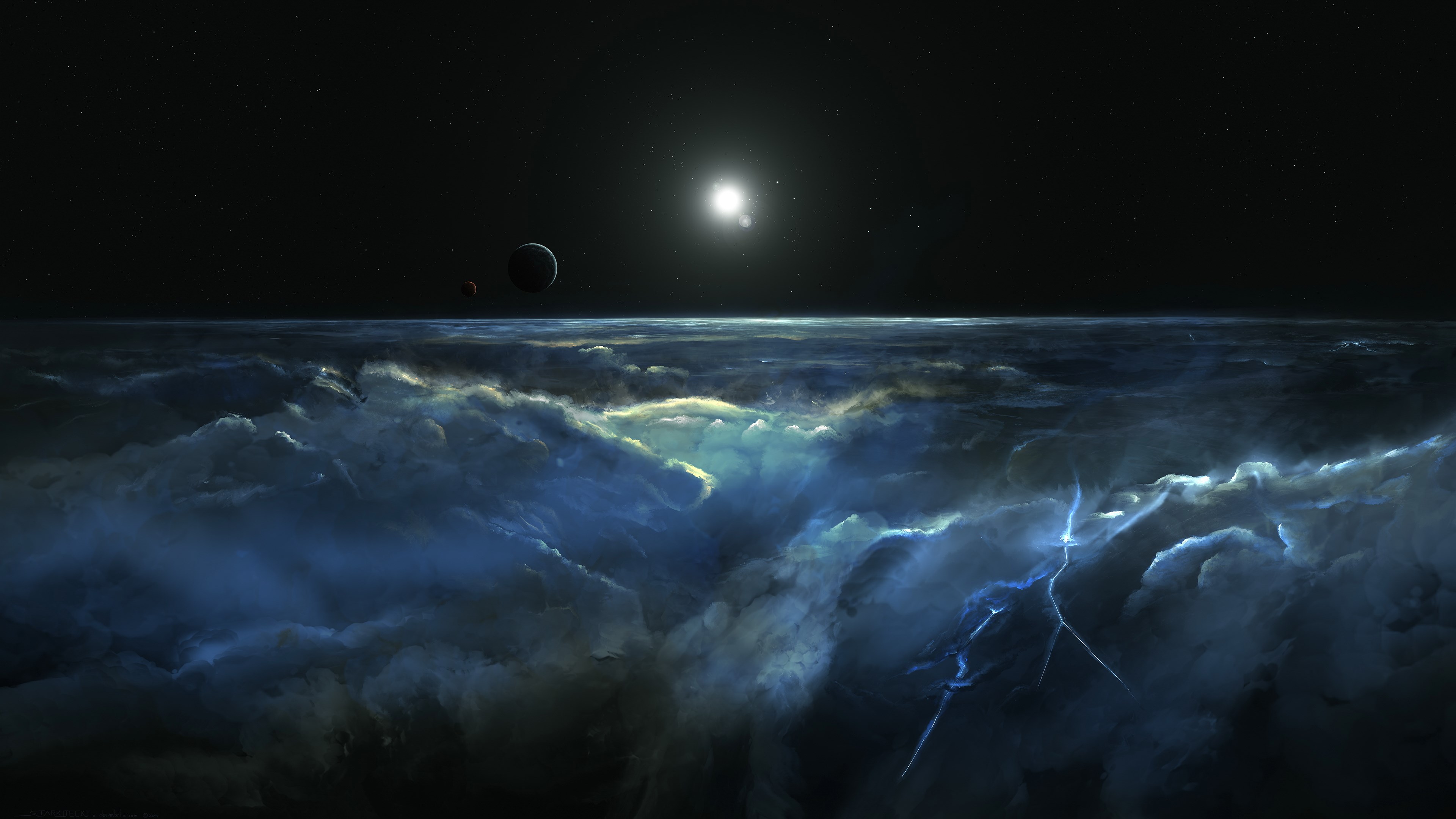 Planetary landscape with clouds and celestial bodies HD Wallpaper