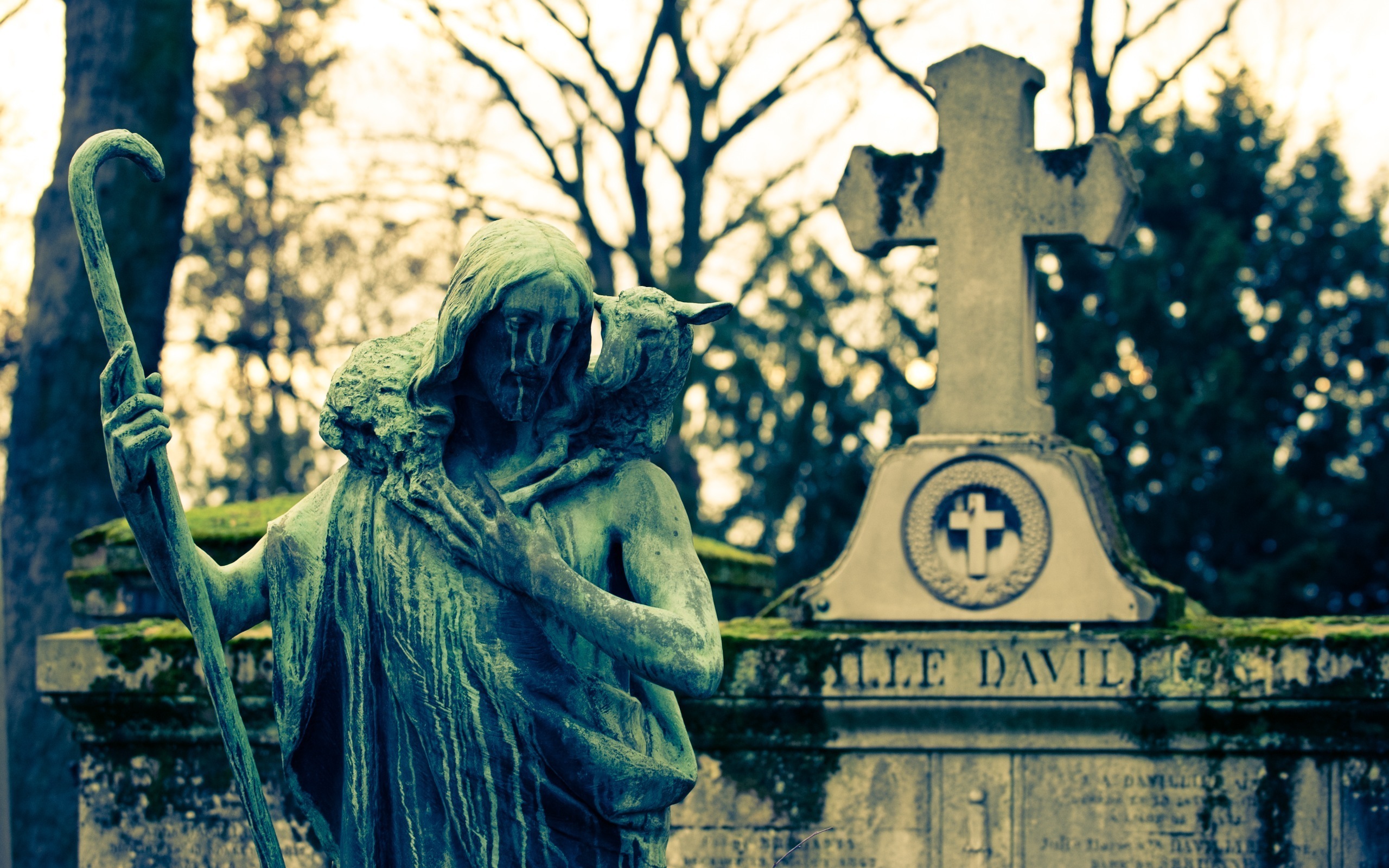 Jesus statue with lamb and cross HD Wallpaper