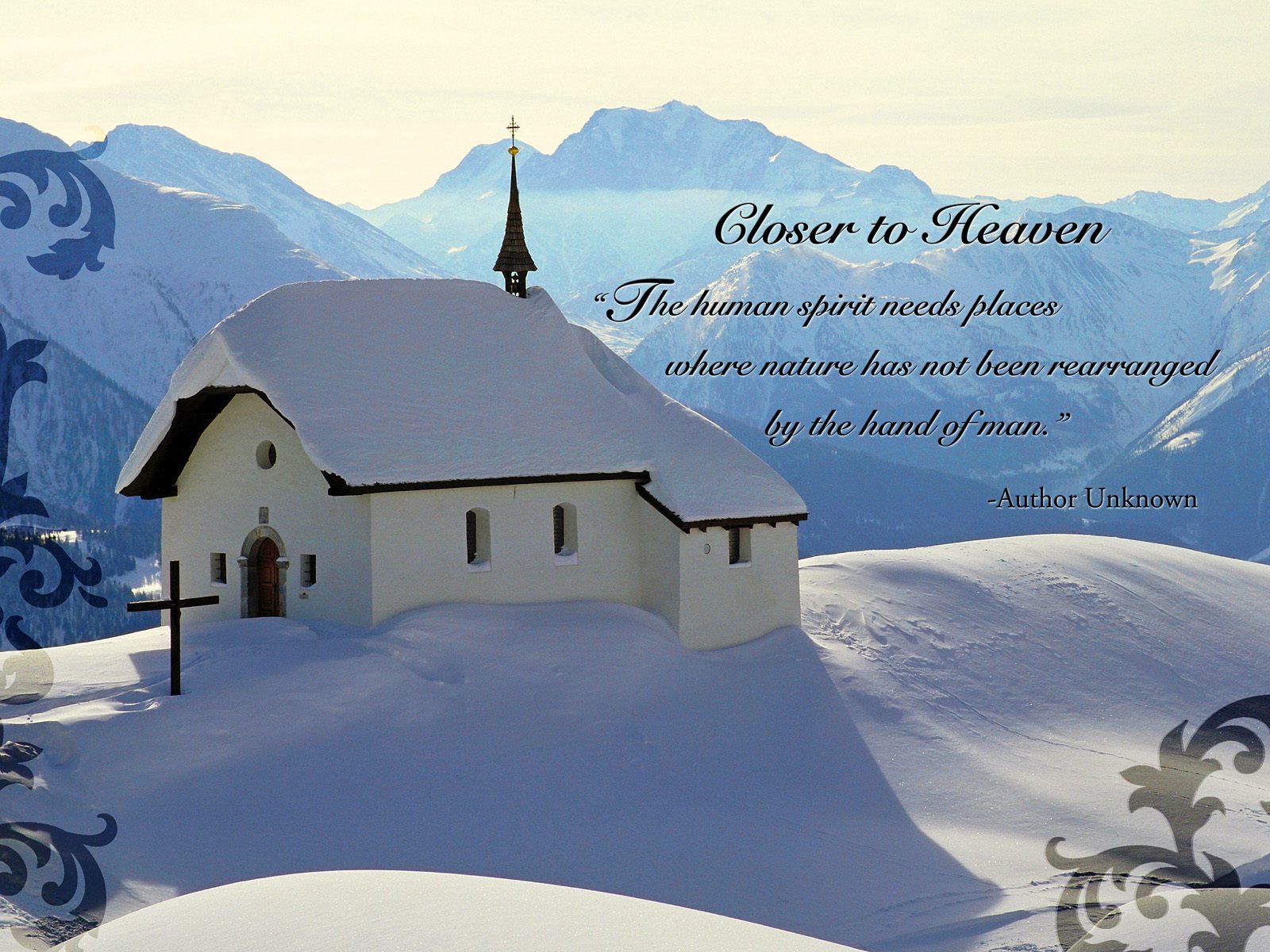 Chapel in Snowy Mountains with Quote HD Wallpaper