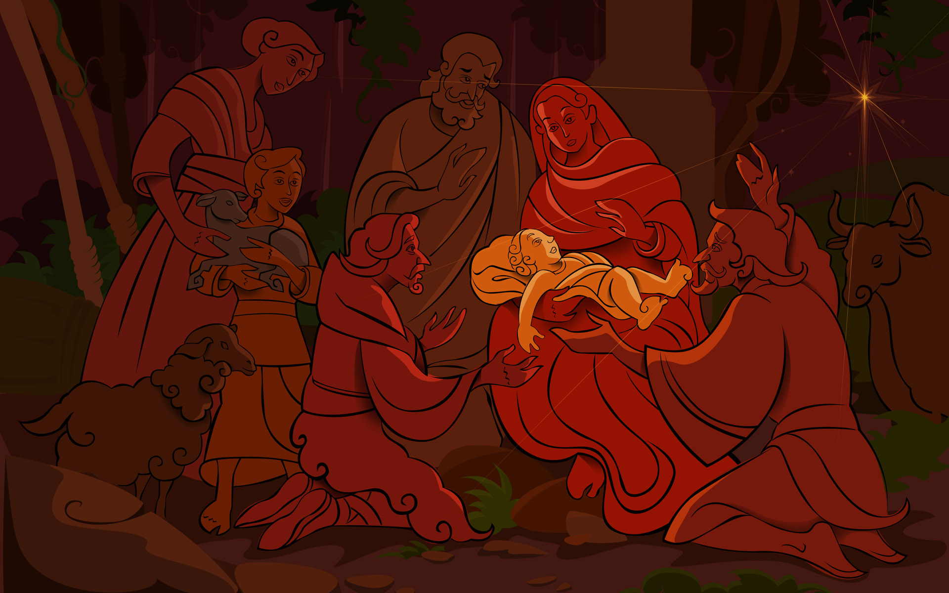 Nativity Scene with Jesus, Mary, Joseph, and Shepherds HD Wallpaper