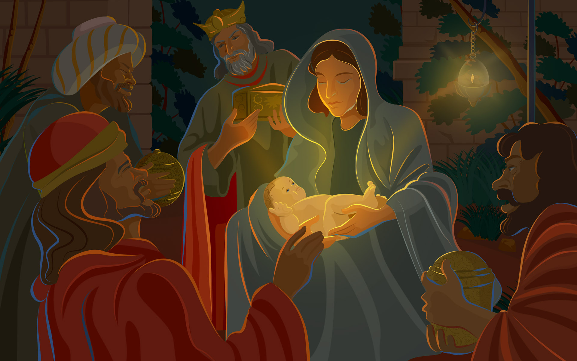 Nativity Scene with Mary, Baby Jesus, and Wise Men HD Wallpaper