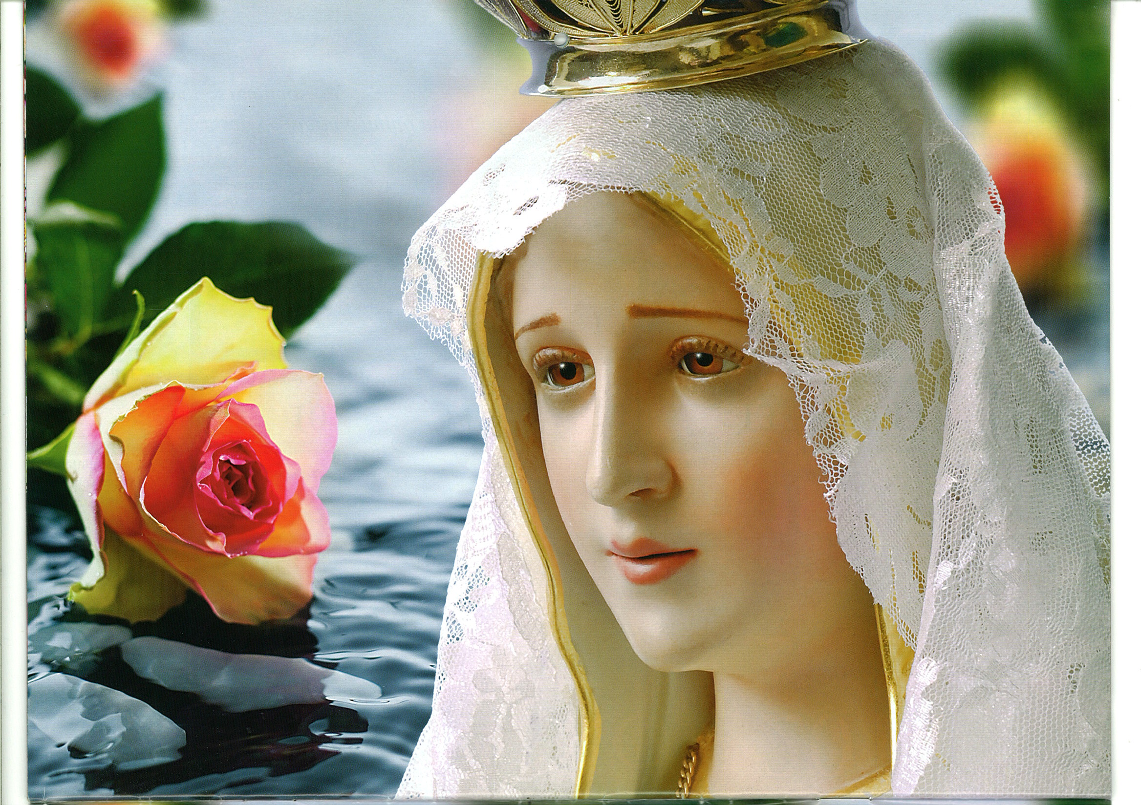 Statue of Mary with a rose and crown HD Wallpaper