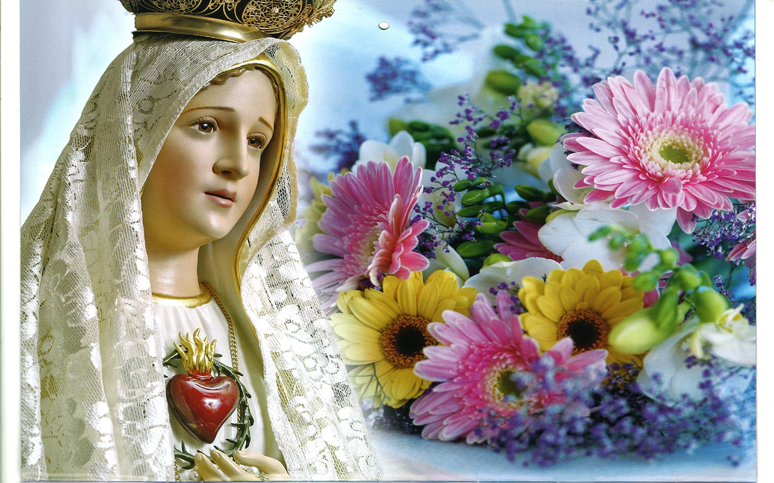 Statue of Mary with Sacred Heart and Flowers HD Wallpaper