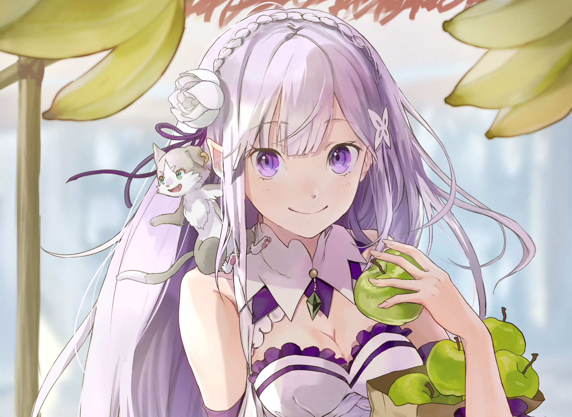 Re:ZERO Purple-Haired Girl Holding Green Apples with Cat HD Wallpaper
