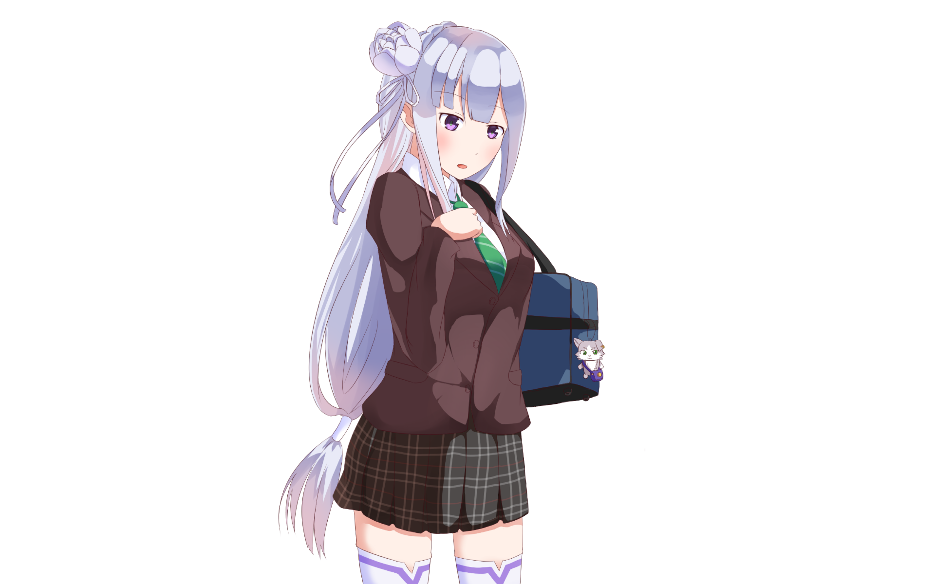Emilia from Re:ZERO with a cat charm on her bag HD Wallpaper