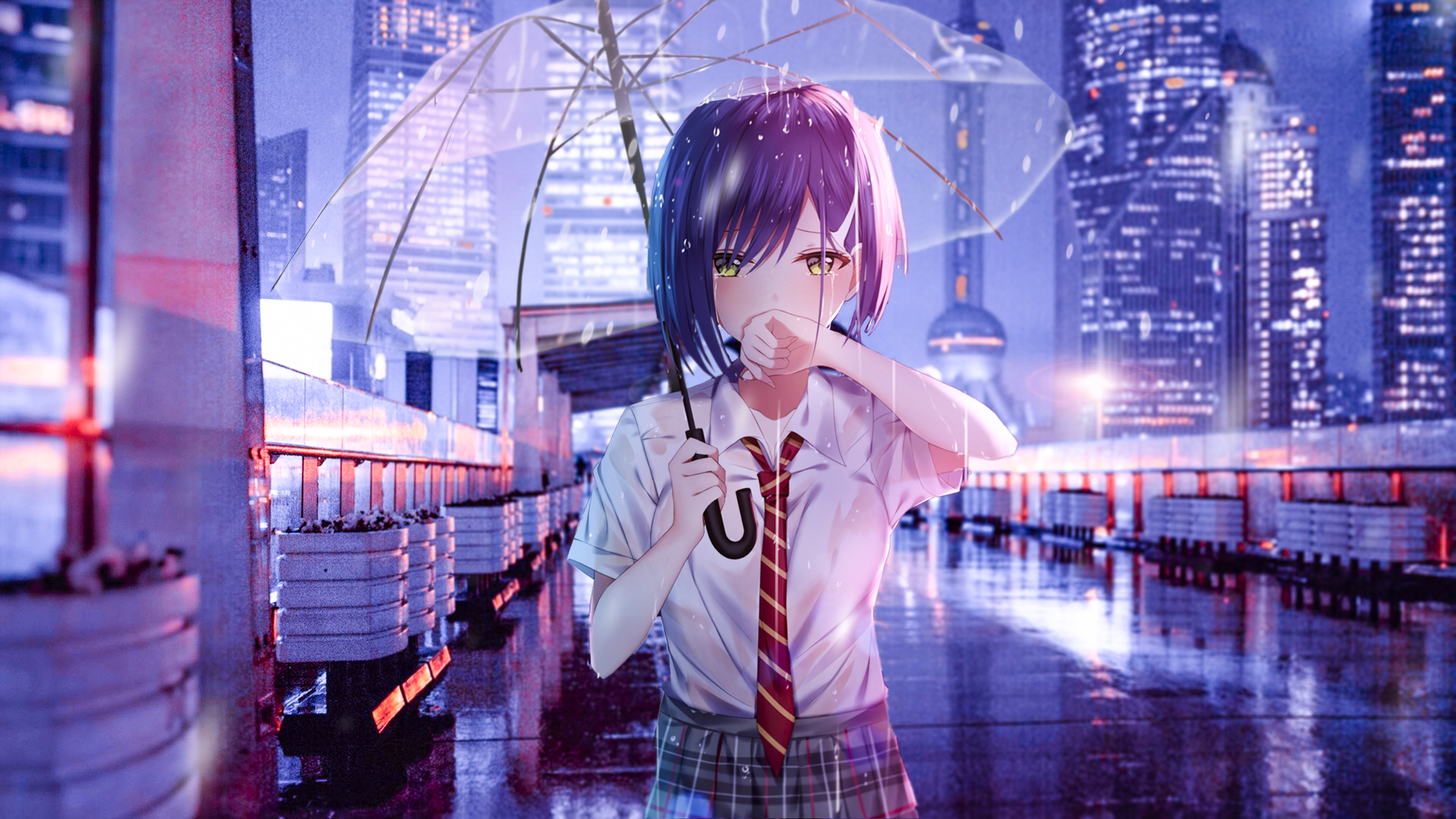 Anime girl with umbrella in rainy city HD Wallpaper