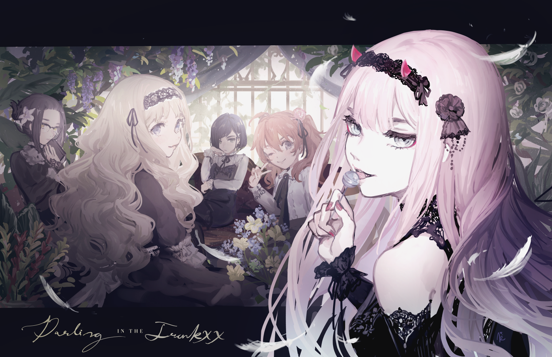 Zero Two and friends in a garden HD Wallpaper