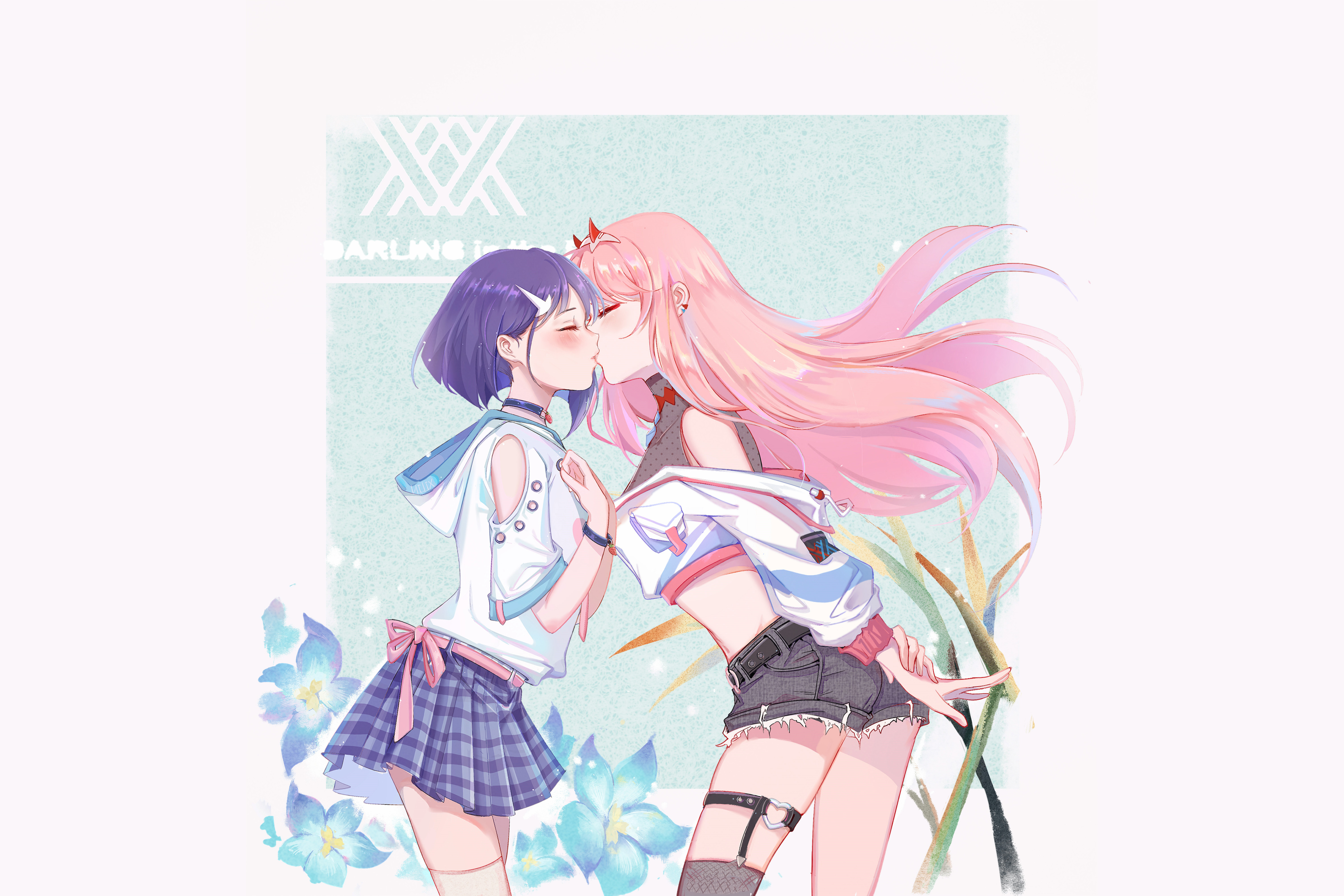 Ichigo and Zero Two kissing from Darling in the FranXX HD Wallpaper