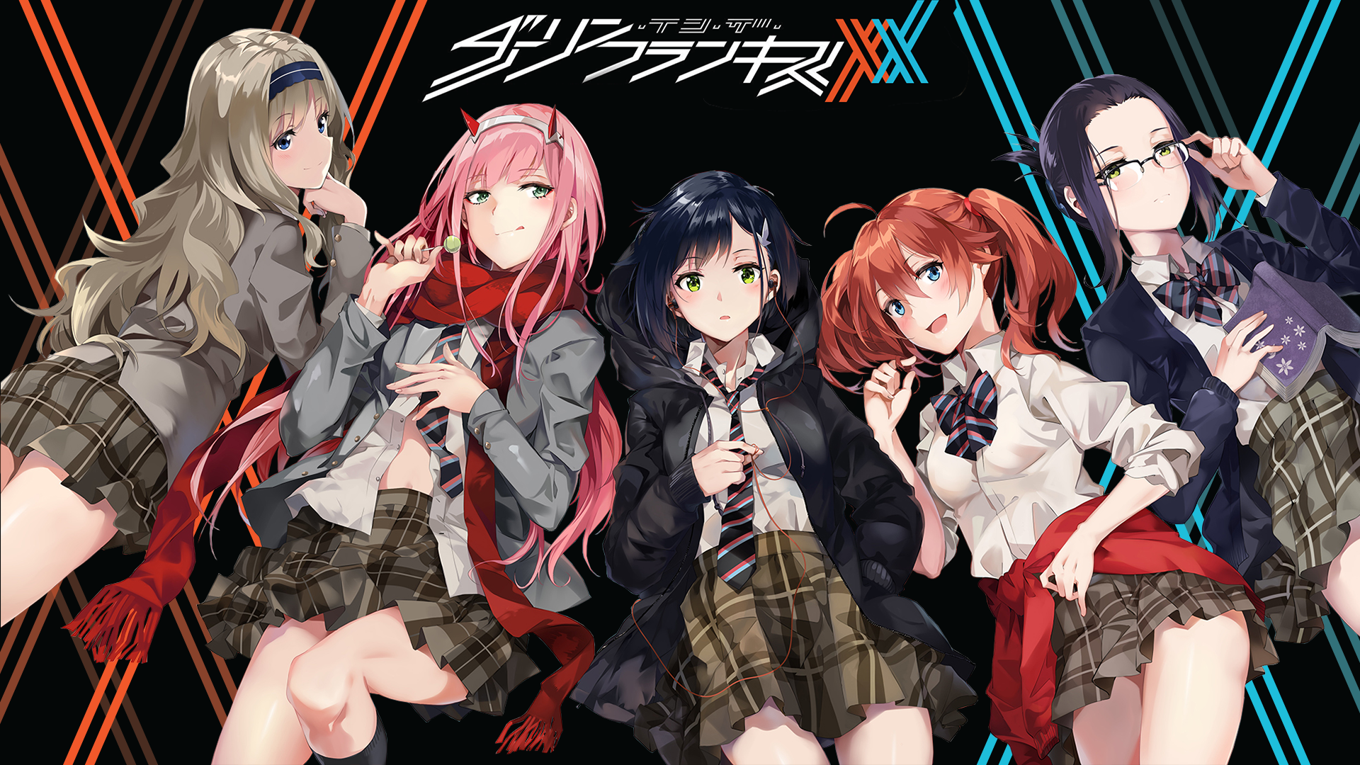 5 girls from Darling in the FranXX in school uniforms HD Wallpaper