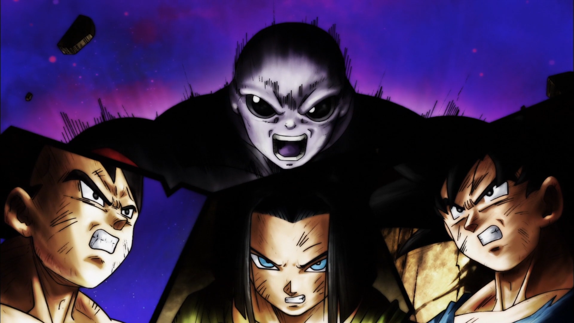 Jiren, Goku, Vegeta, and Android 17 from Dragon Ball Super HD Wallpaper