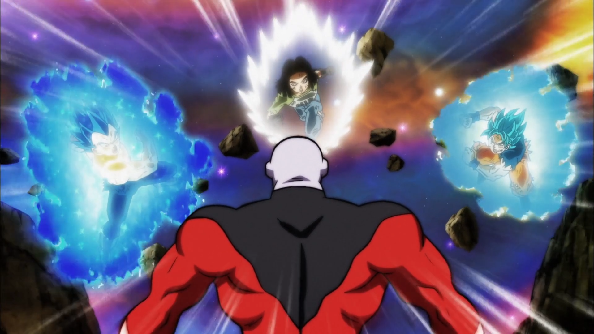 Jiren faces Goku, Vegeta, and Android 17 from Dragon Ball Super HD Wallpaper