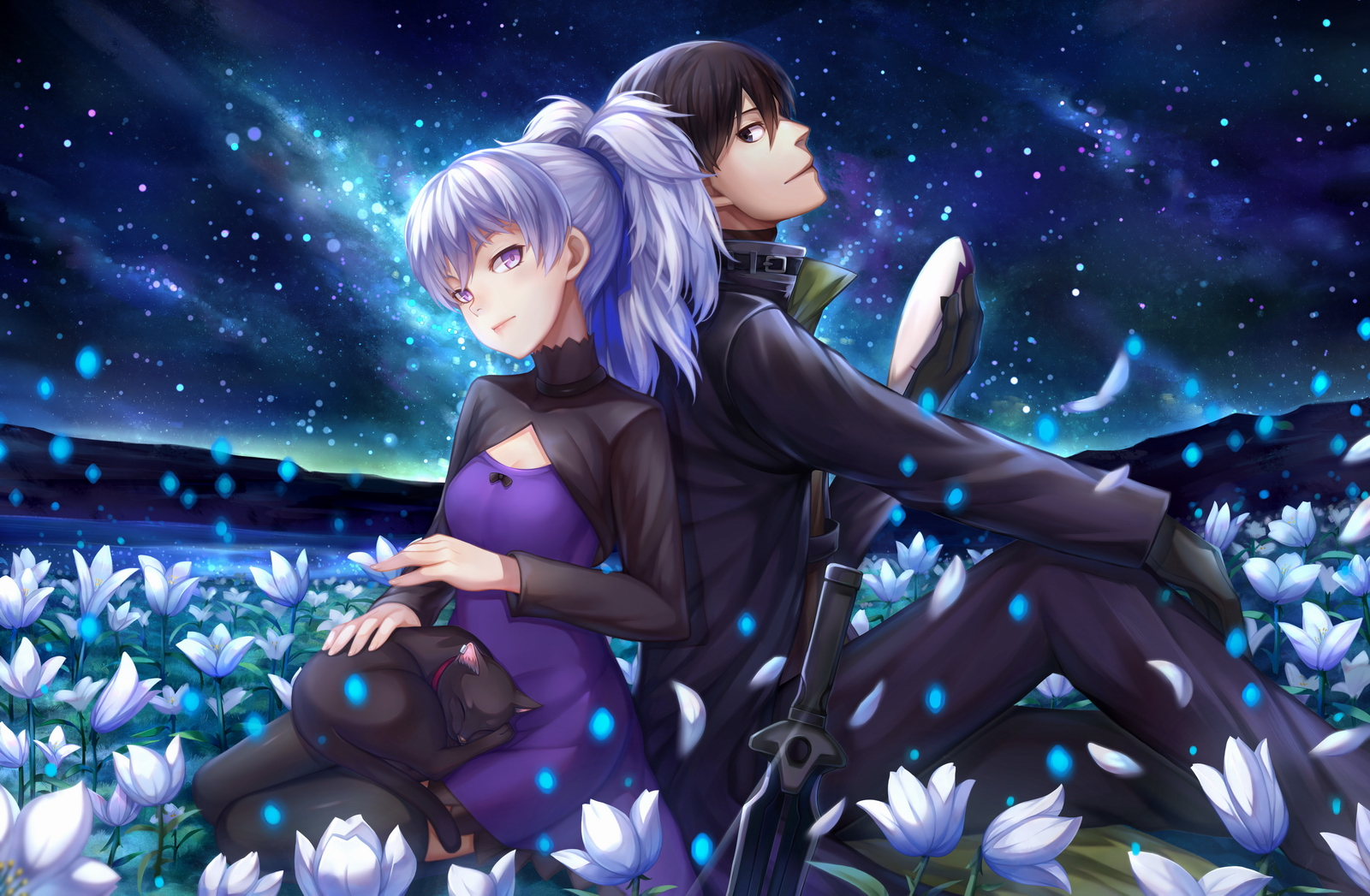 Hei and Yin from Darker Than Black in a field of flowers HD Wallpaper