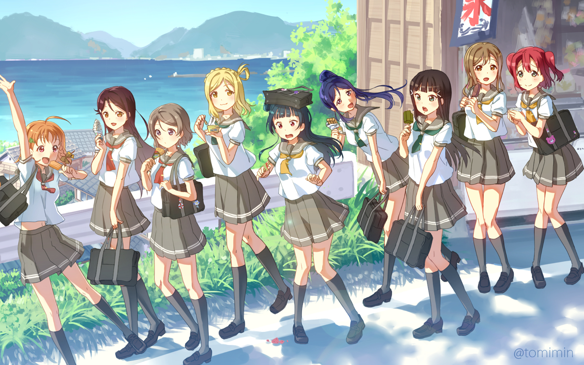 Love Live! Sunshine!! girls walking by the sea HD Wallpaper