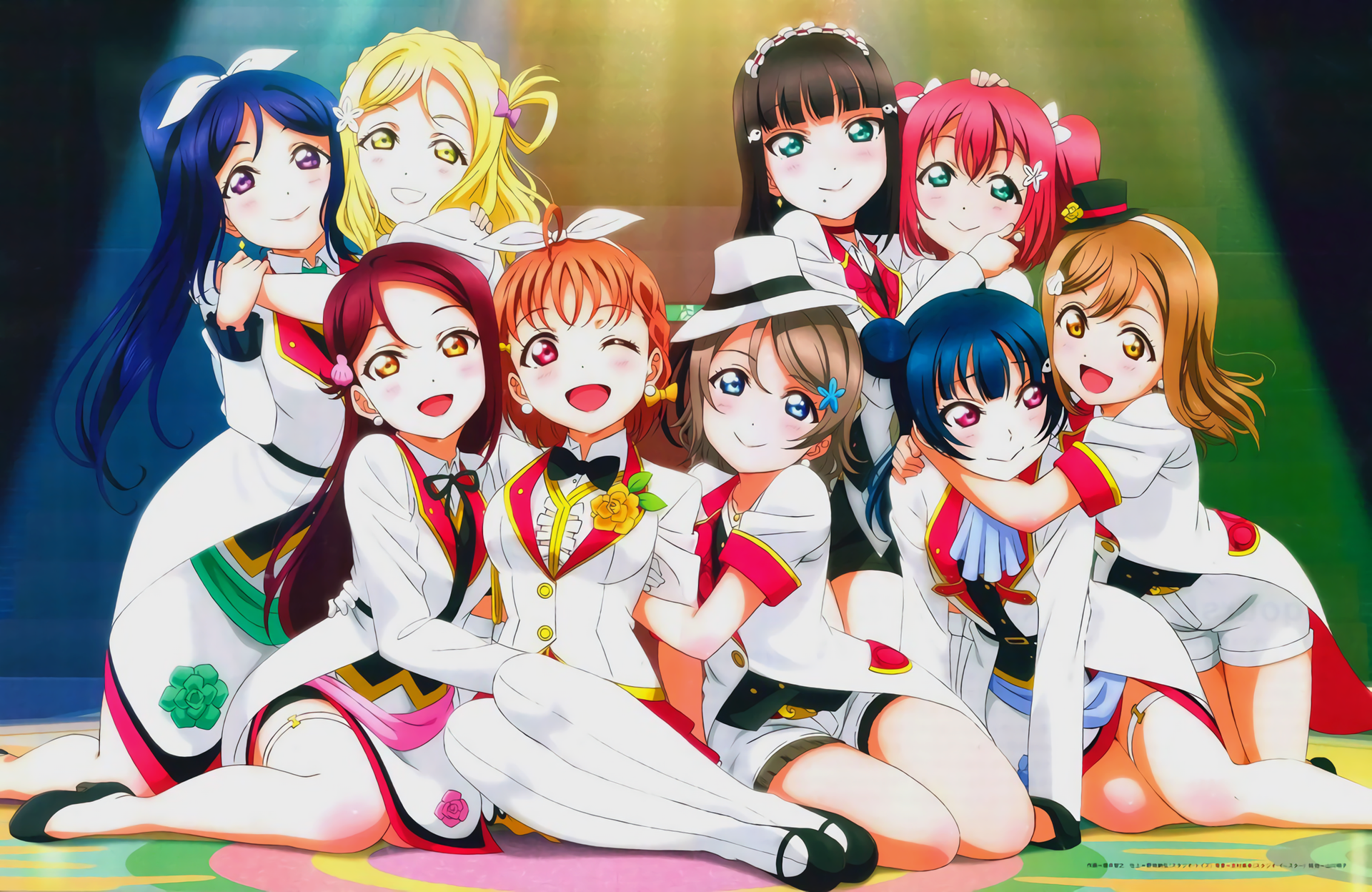 Love Live! Sunshine!! girls in white and red outfits HD Wallpaper