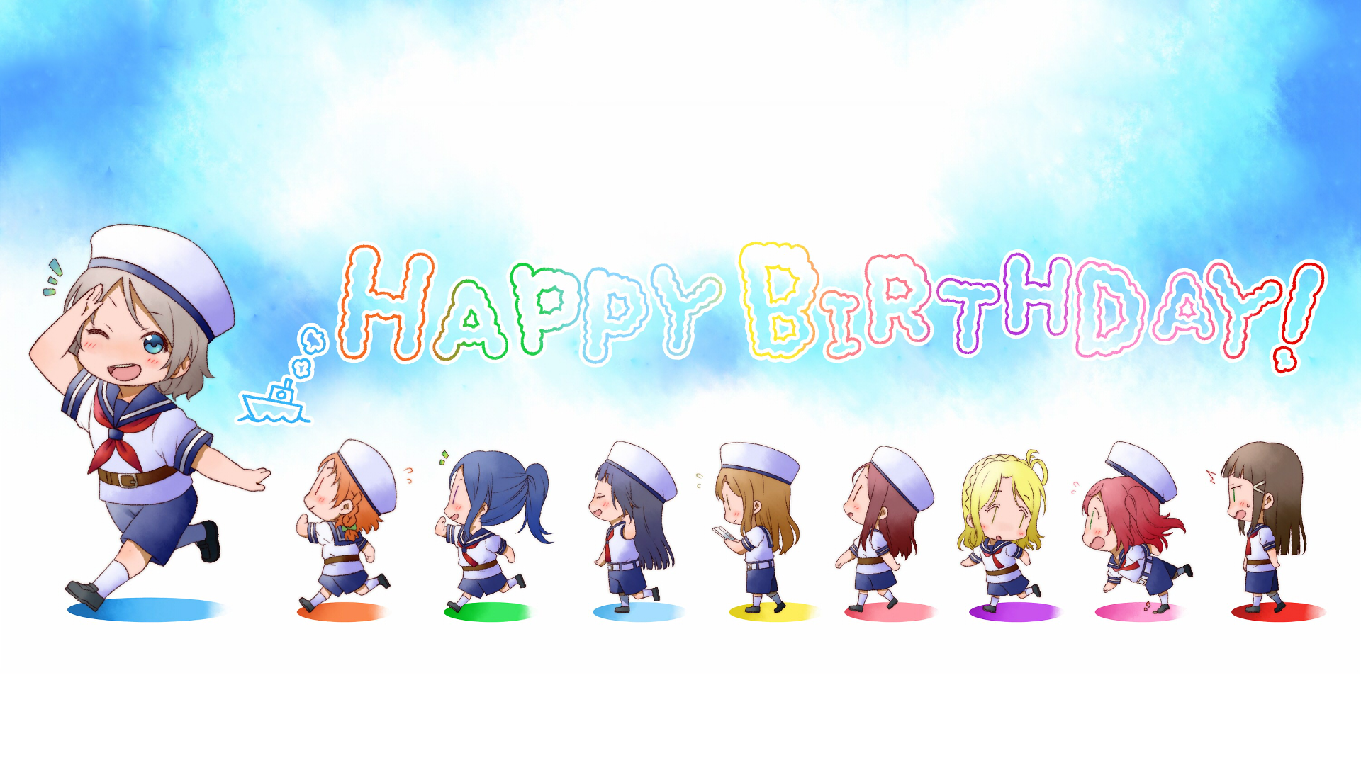 Chibi girls in sailor uniforms celebrating Happy Birthday HD Wallpaper
