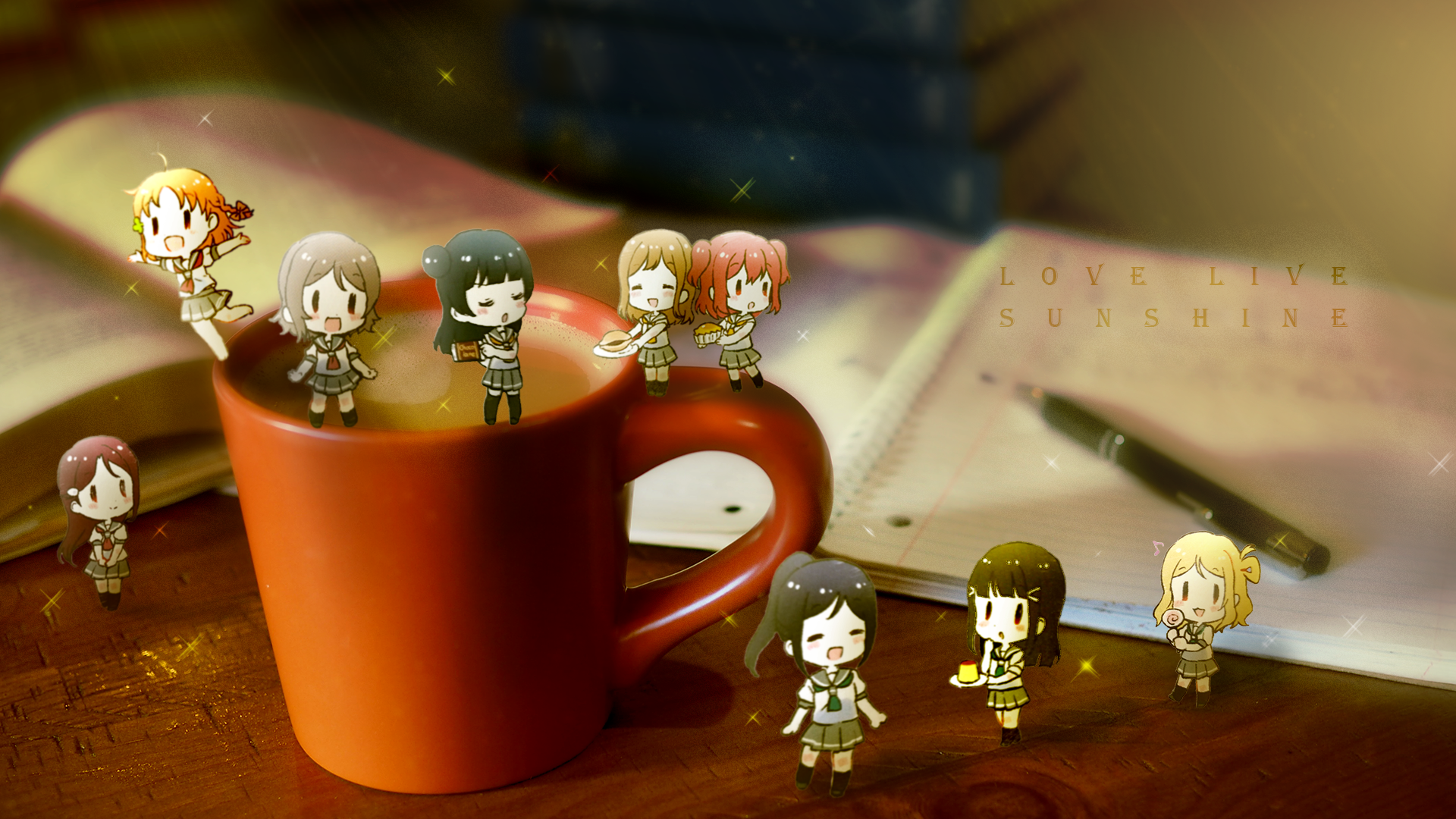 Chibi characters from Love Live! Sunshine!! around a coffee mug HD Wallpaper
