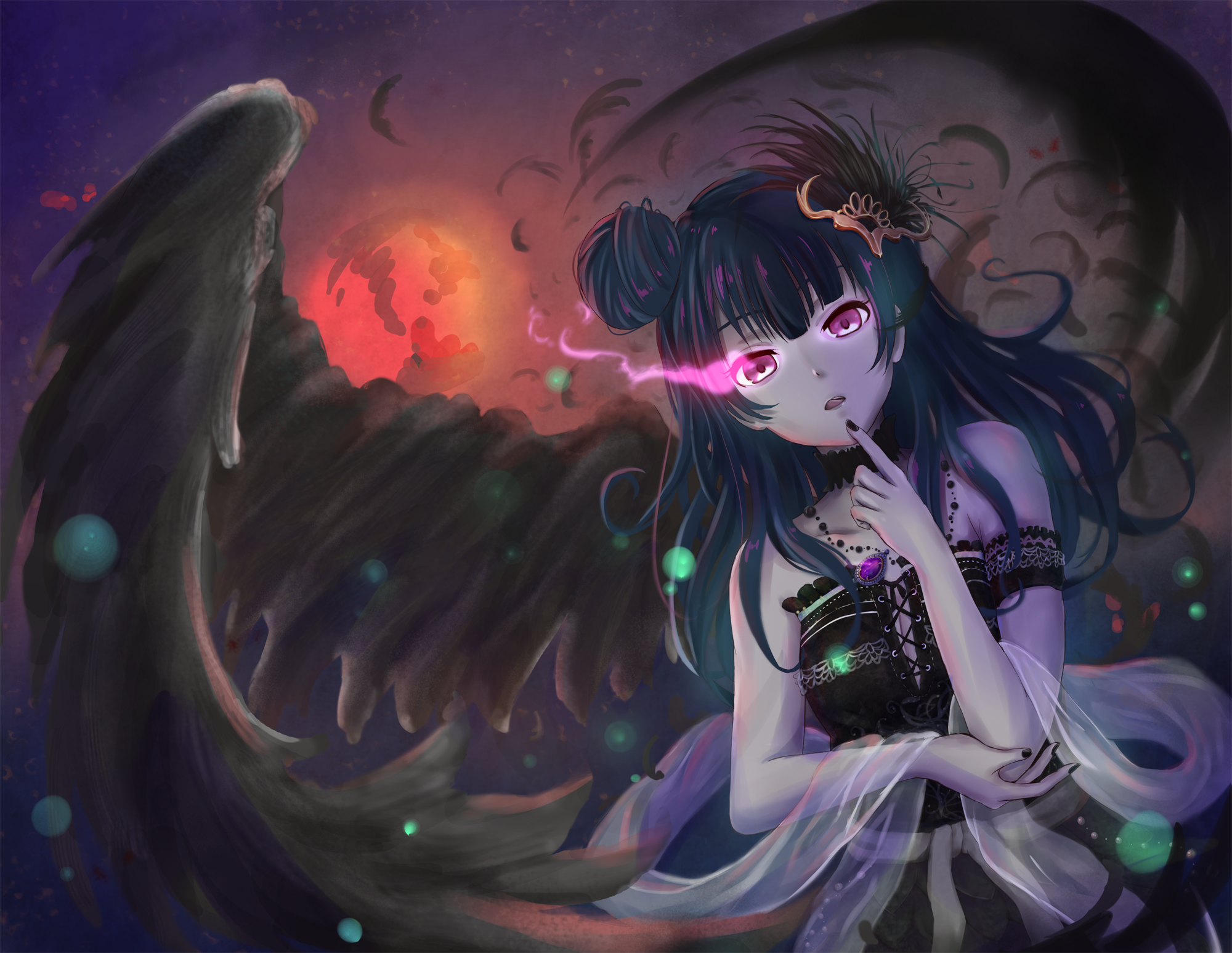 Yoshiko Tsushima with black wings and red moon HD Wallpaper