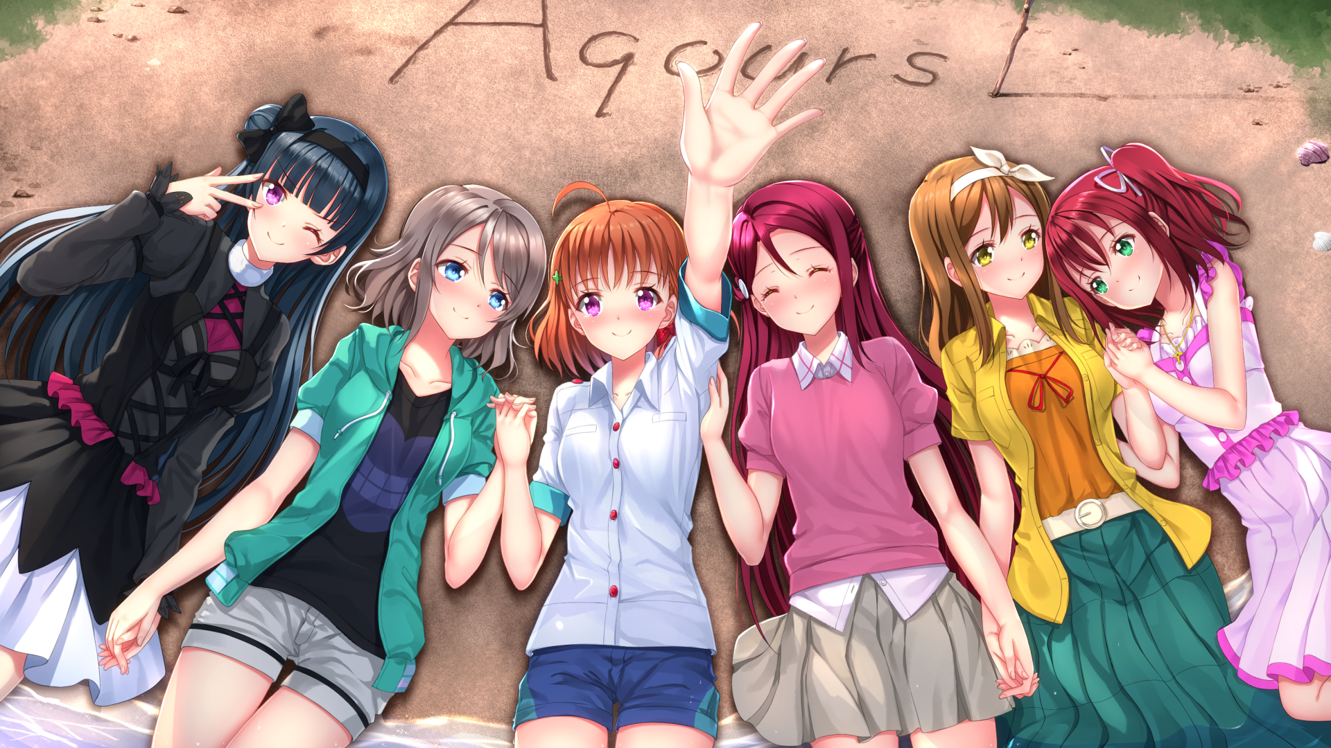 Aqours from Love Live! Sunshine!! lying on sand HD Wallpaper