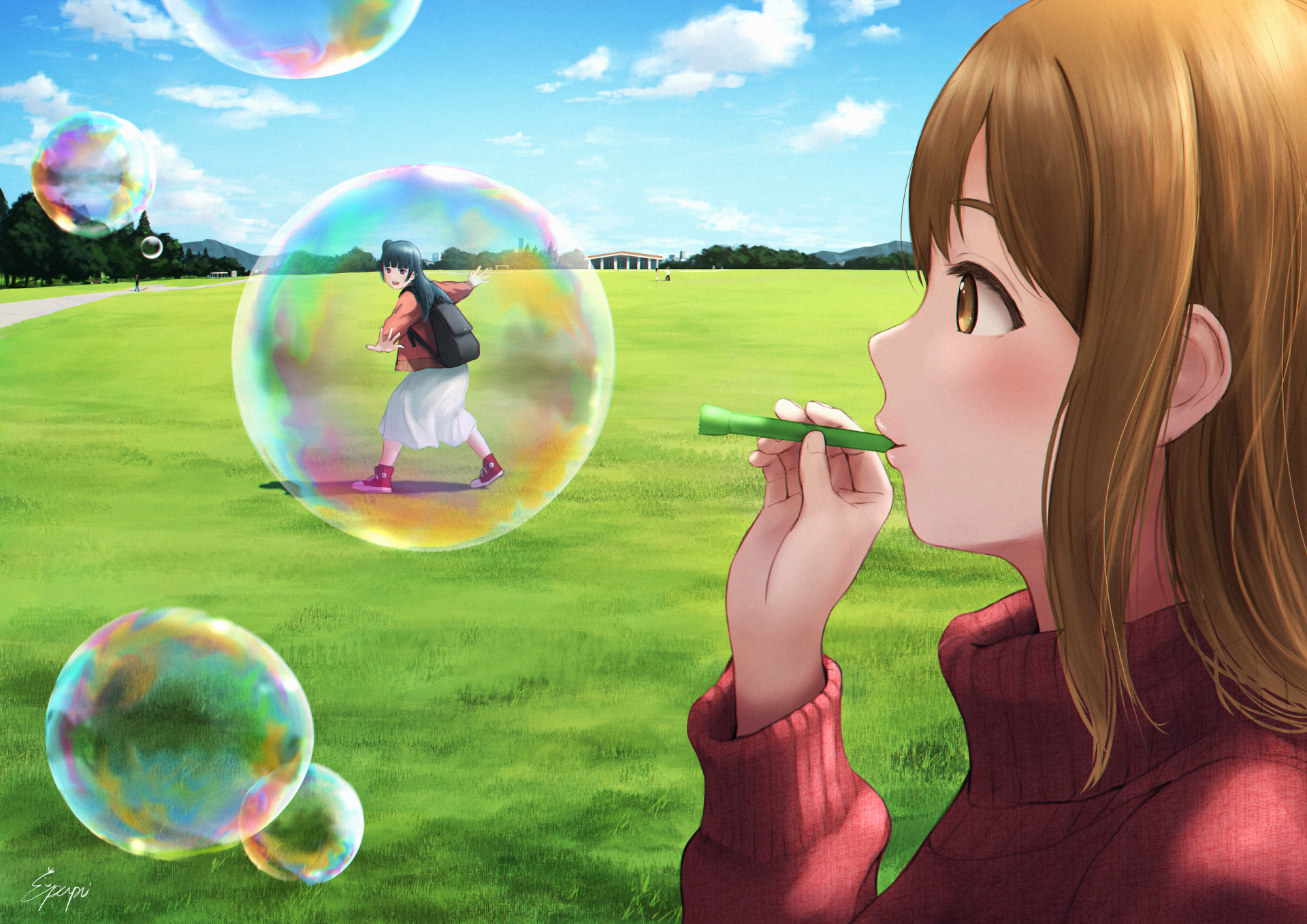 Girl blowing bubbles with another girl inside a bubble HD Wallpaper