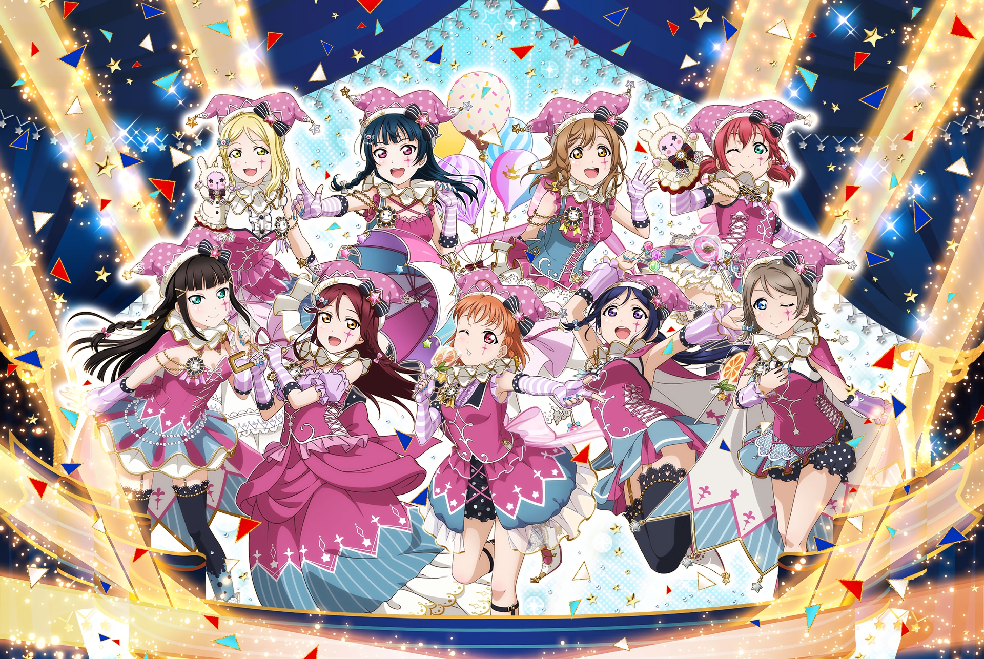 Love Live! Sunshine!! Aqours members in clown costumes HD Wallpaper