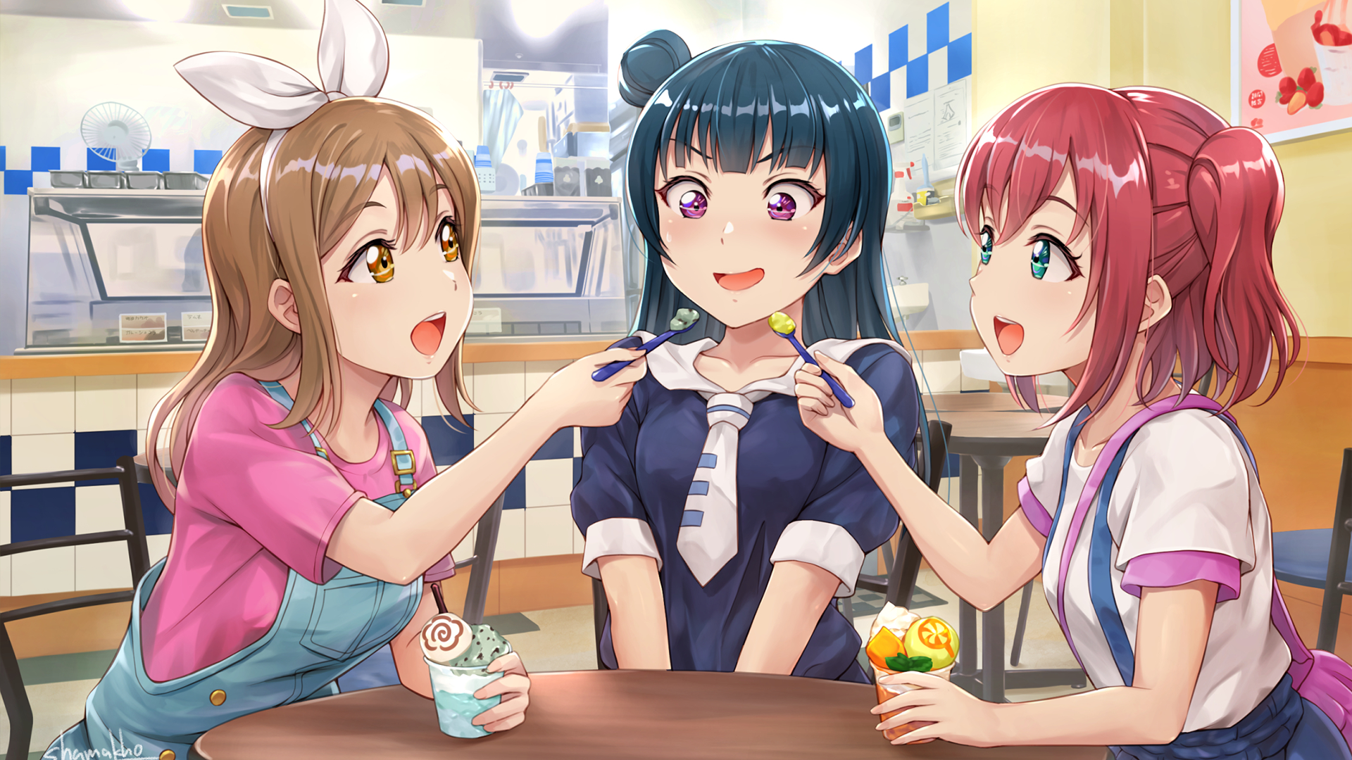 Yoshiko Tsushima and friends eating ice cream HD Wallpaper