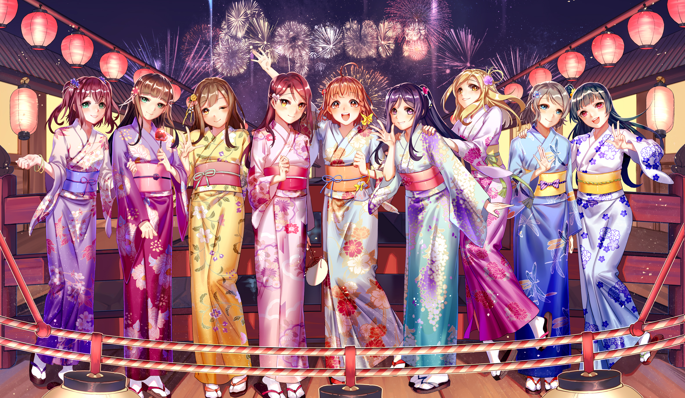 Girls in Kimonos at a Festival with Fireworks HD Wallpaper