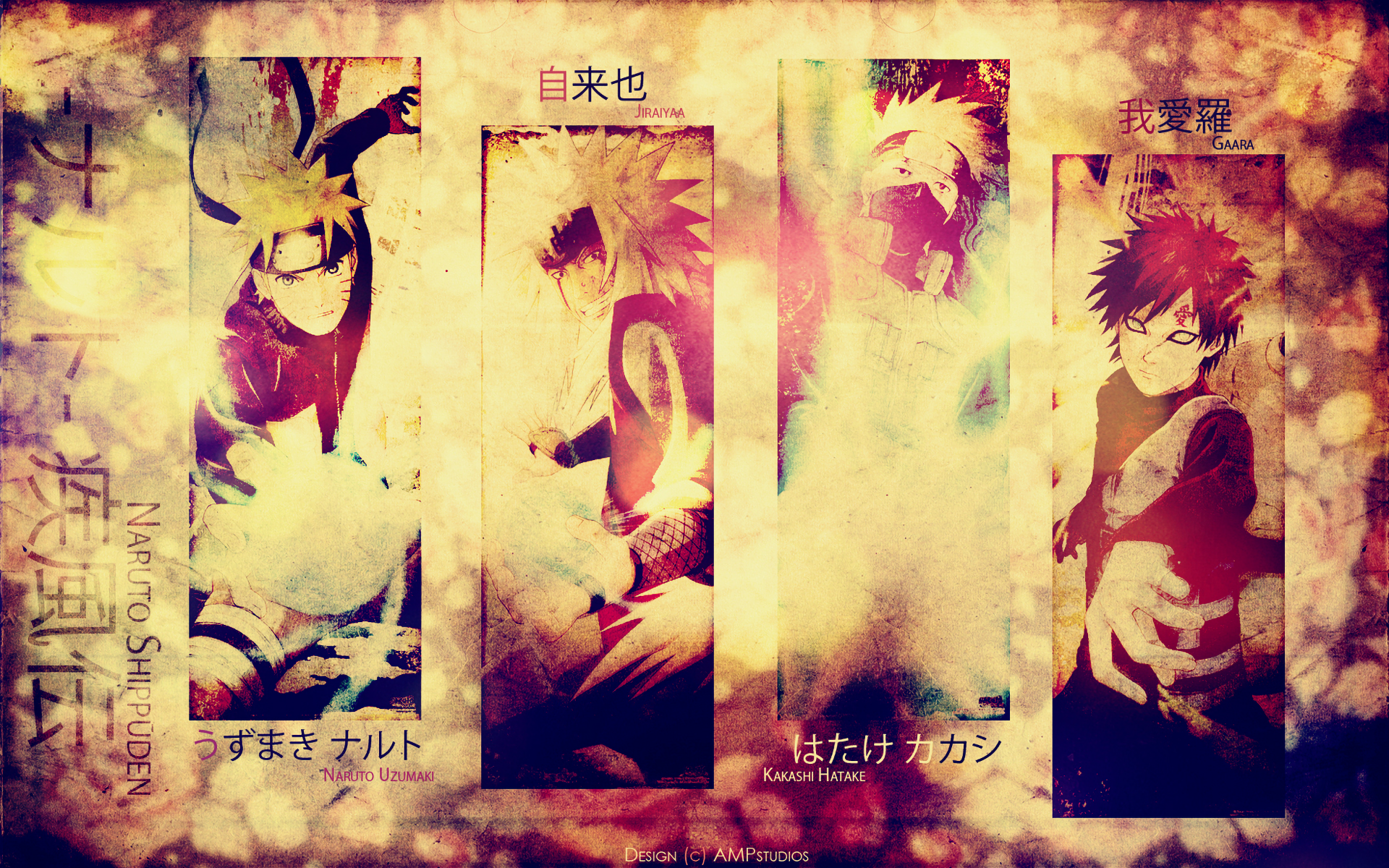 Naruto Shippuden Characters: Naruto, Jiraiya, Kakashi, and Gaara HD Wallpaper