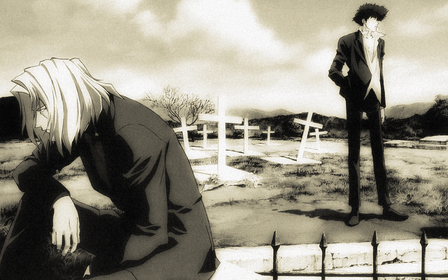 Spike Spiegel and Vicious from Cowboy Bebop in a graveyard HD Wallpaper