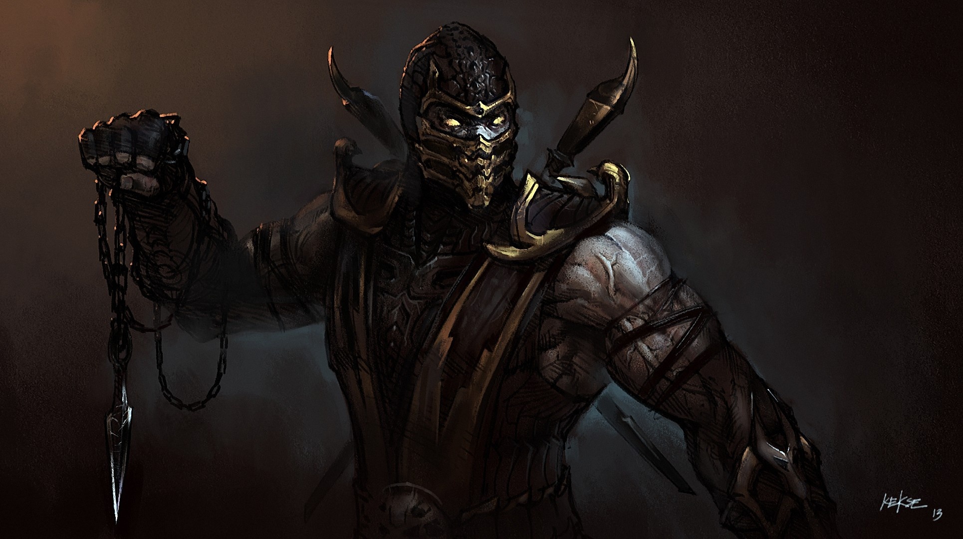 Scorpion from Mortal Kombat holding a chain weapon HD Wallpaper