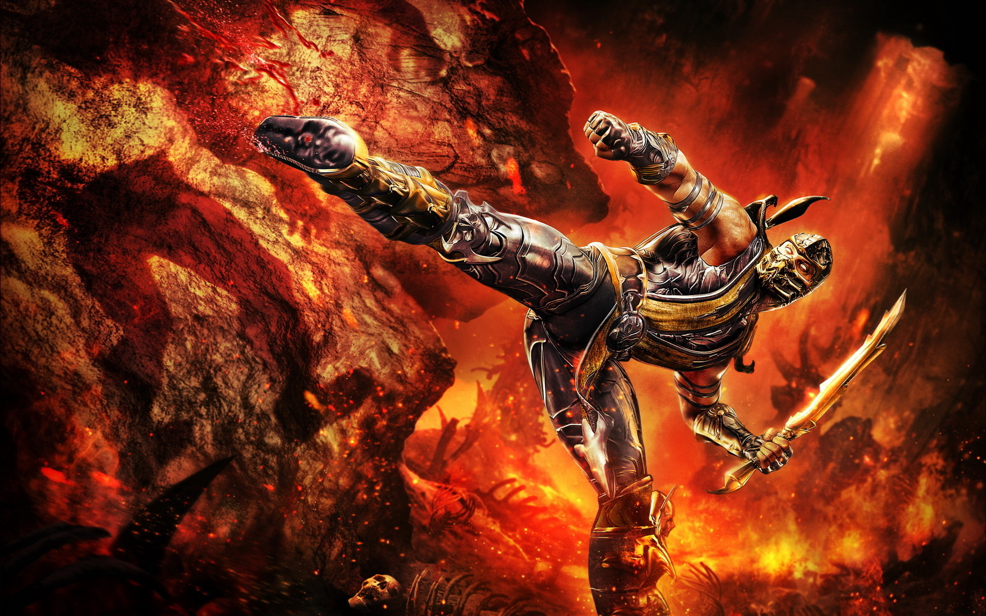 Scorpion from Mortal Kombat performing a kick HD Wallpaper