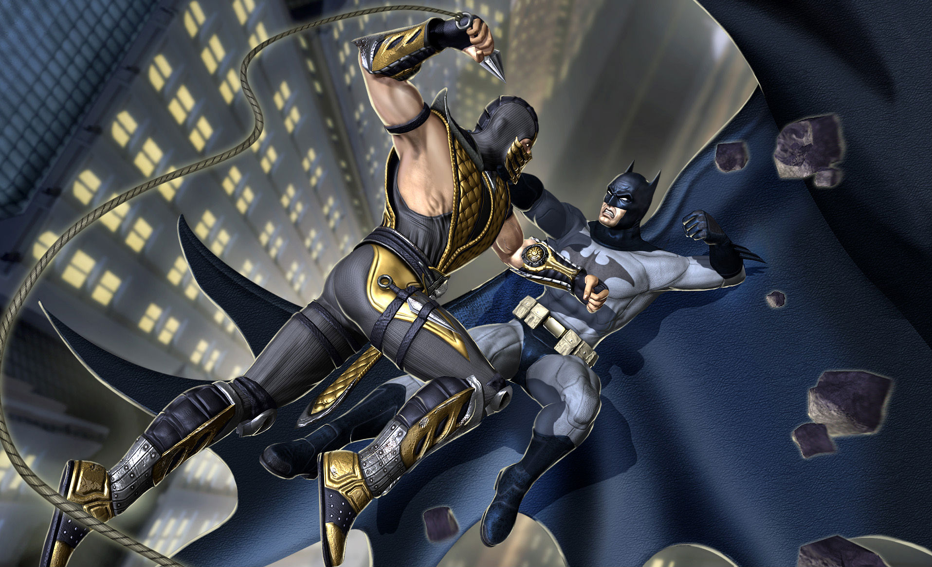 Scorpion from Mortal Kombat fighting Batman HD Wallpaper