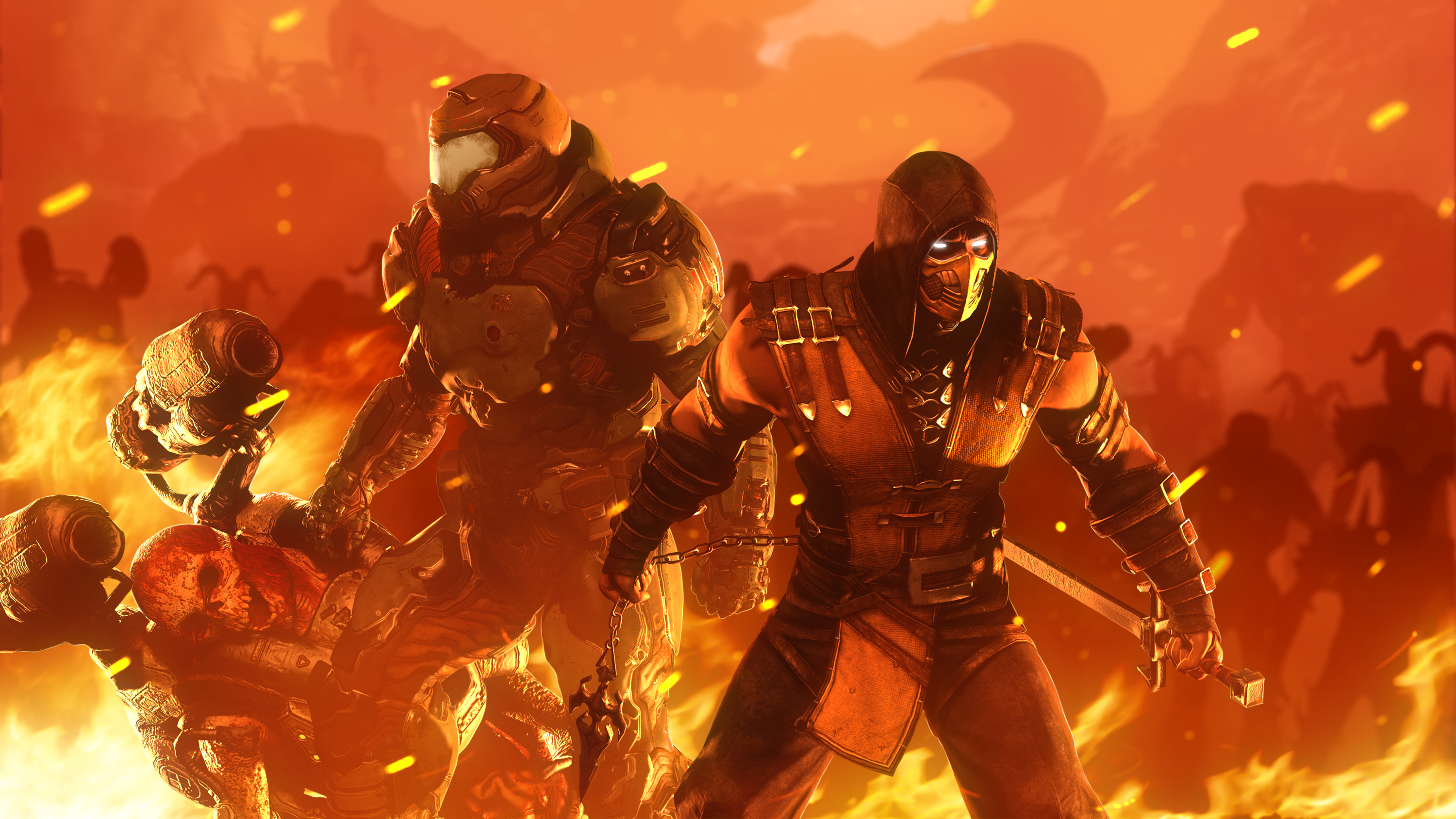 Scorpion from Mortal Kombat and Doom Slayer in hell HD Wallpaper