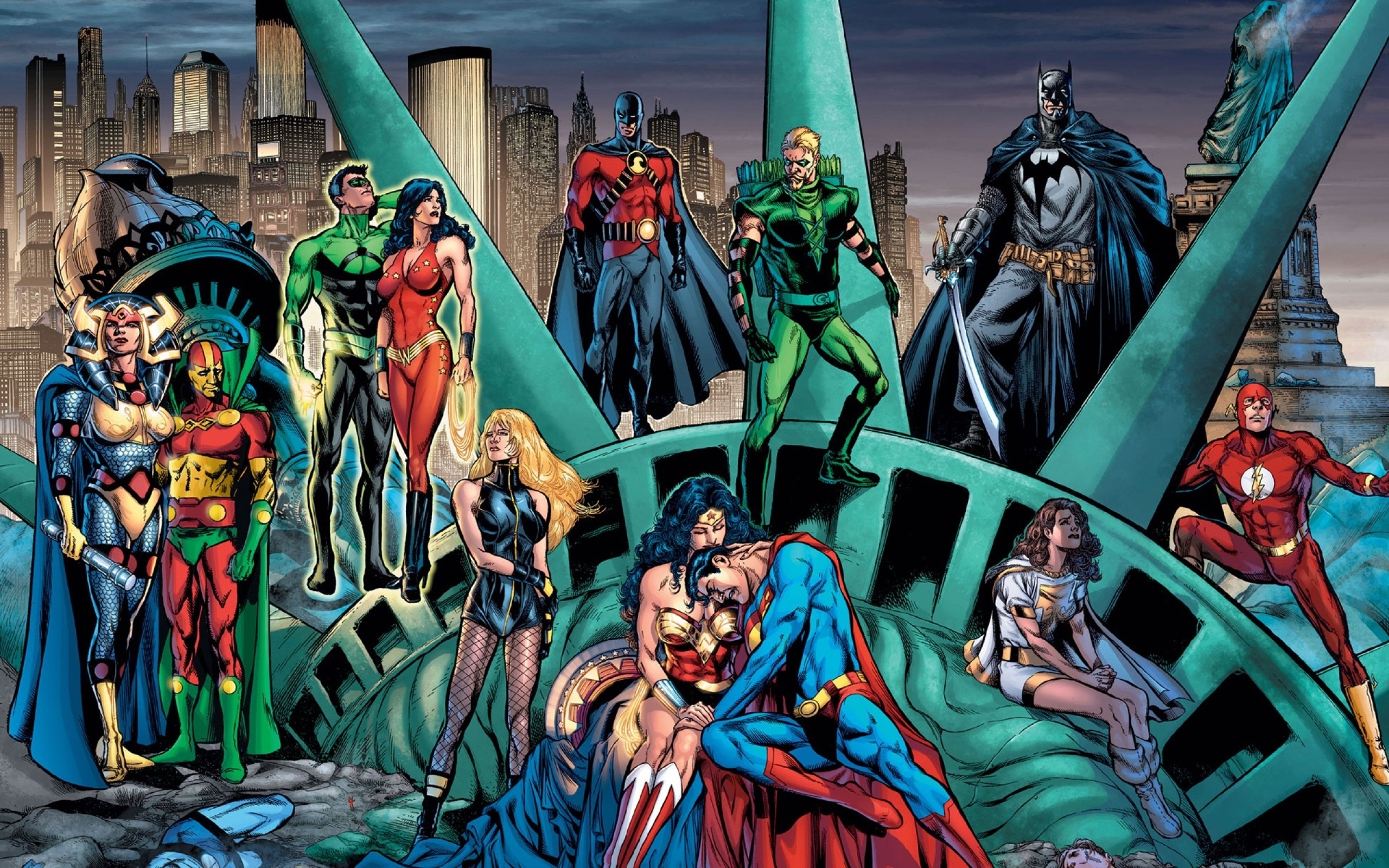 Justice League and other DC Comics heroes on Statue of Liberty HD Wallpaper