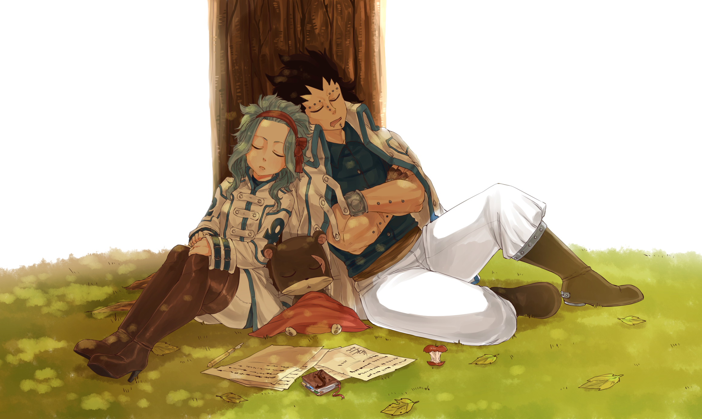 Gajeel Redfox and Levy McGarden sleeping by a tree HD Wallpaper