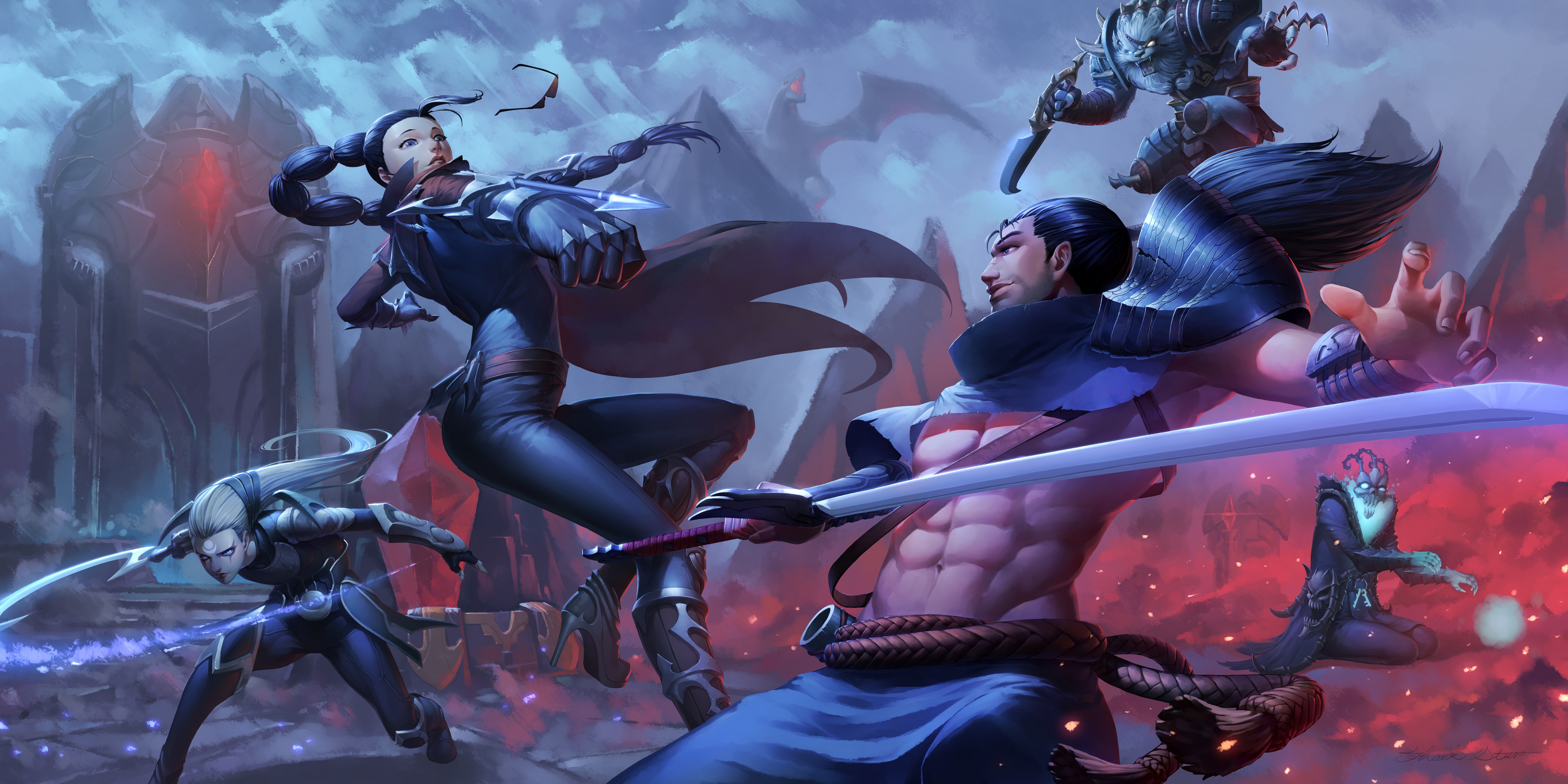 Yasuo and allies fighting in League of Legends HD Wallpaper