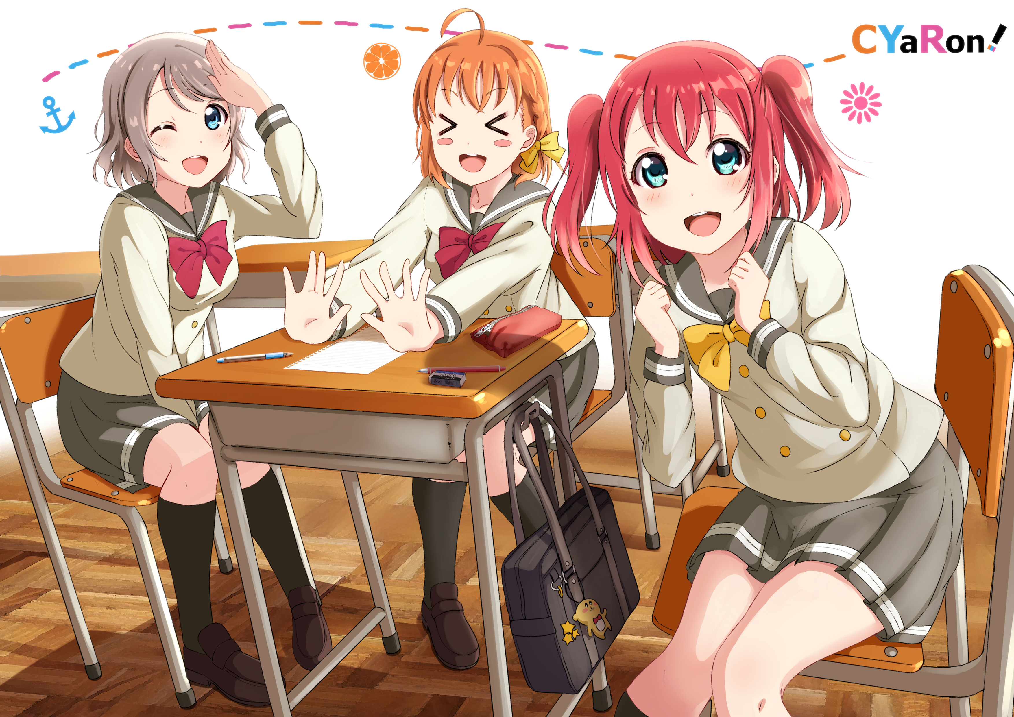Three anime girls in school uniforms at desks HD Wallpaper