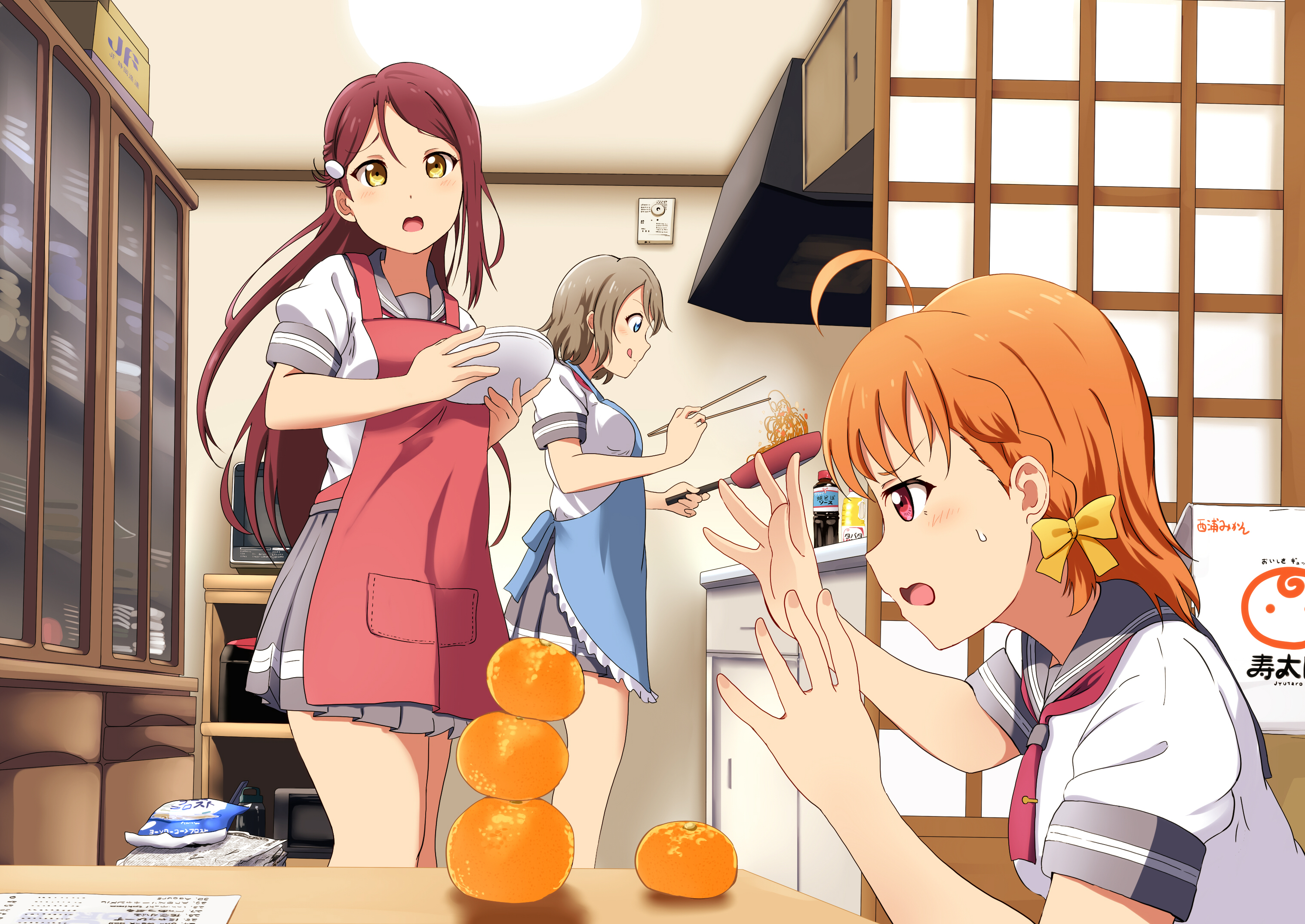 Three girls cooking in a kitchen HD Wallpaper
