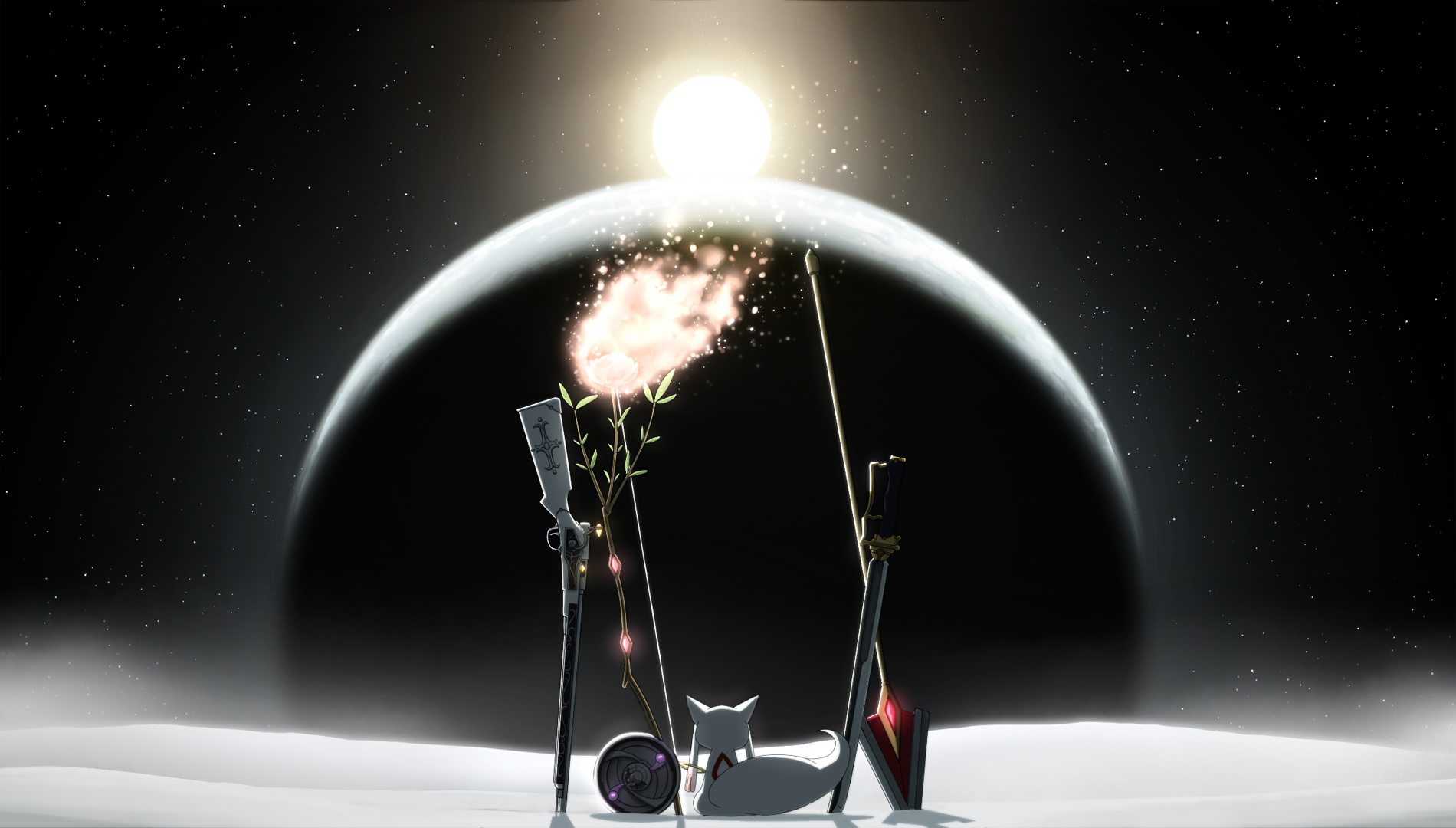 Kyubey in Space with Weapons and a Planet HD Wallpaper
