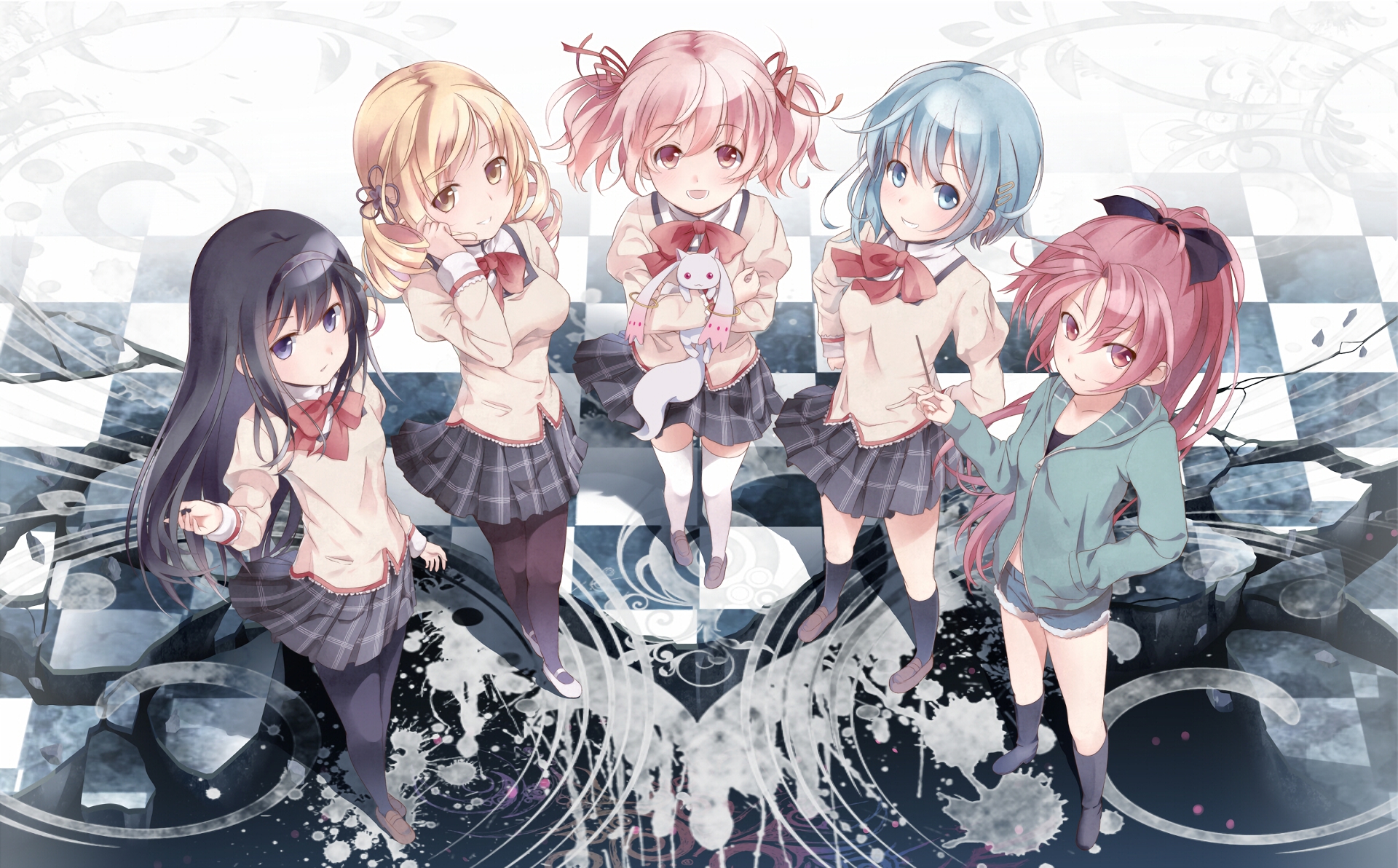 Five magical girls with Kyubey from Puella Magi Madoka Magica HD Wallpaper