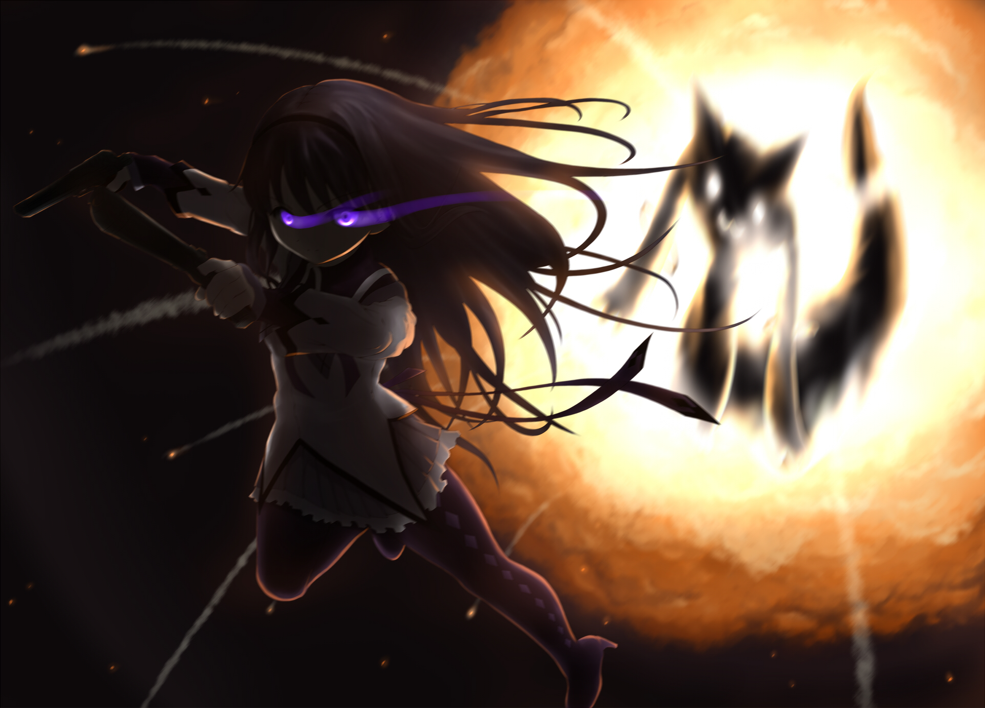 Homura Akemi from Puella Magi Madoka Magica fighting a witch HD Wallpaper
