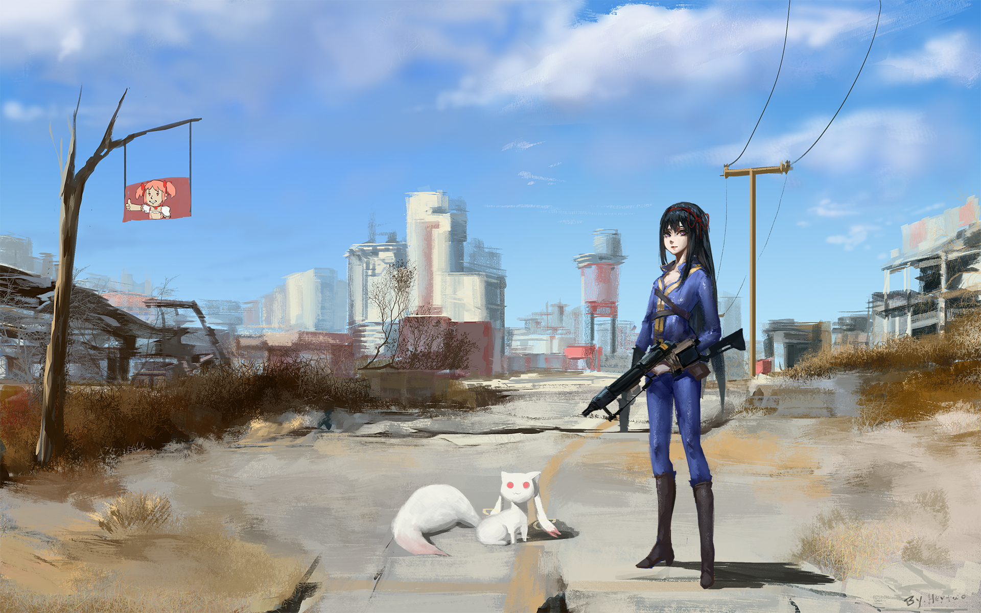 Girl with gun and Kyubey in post-apocalyptic city HD Wallpaper