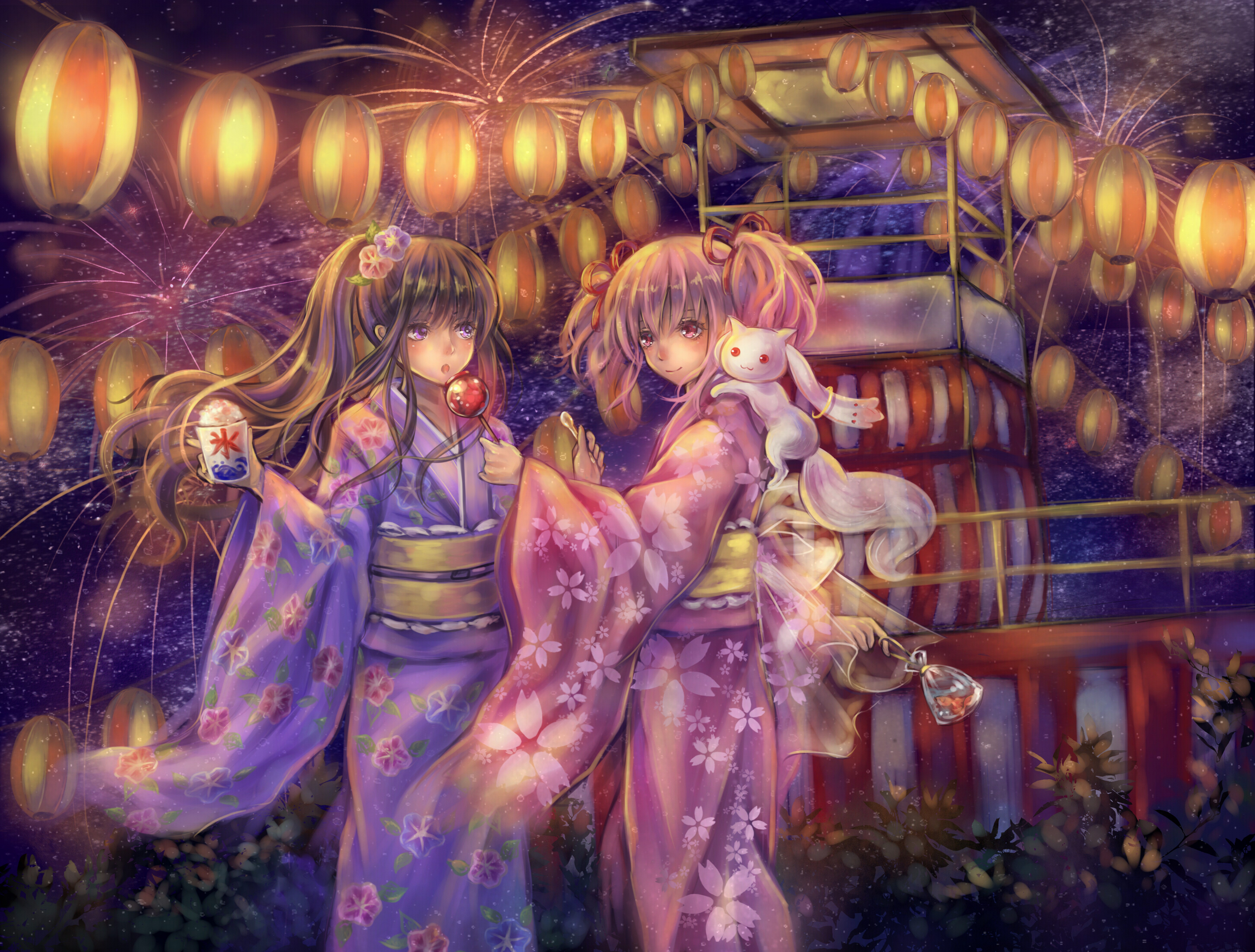 Two girls in kimonos at a festival with fireworks and lanterns HD Wallpaper